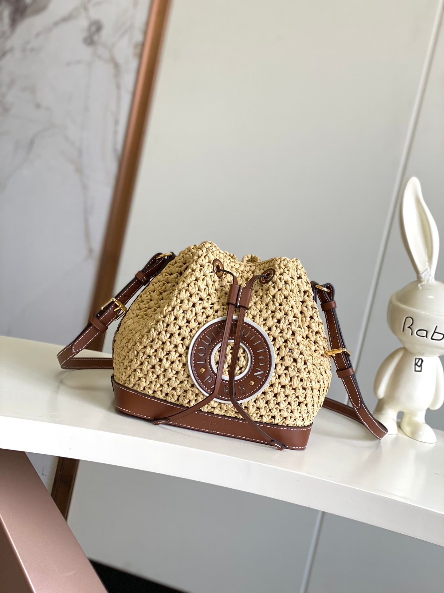 Louis Vuitton Boho Woven Straw Drawstring Bucket Bag with Leather Trim