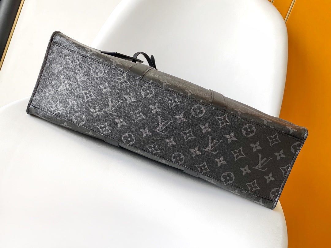 Louis Vuitton Black Monogram Print Large Tote Bag with Top Handles and Luggage Tag