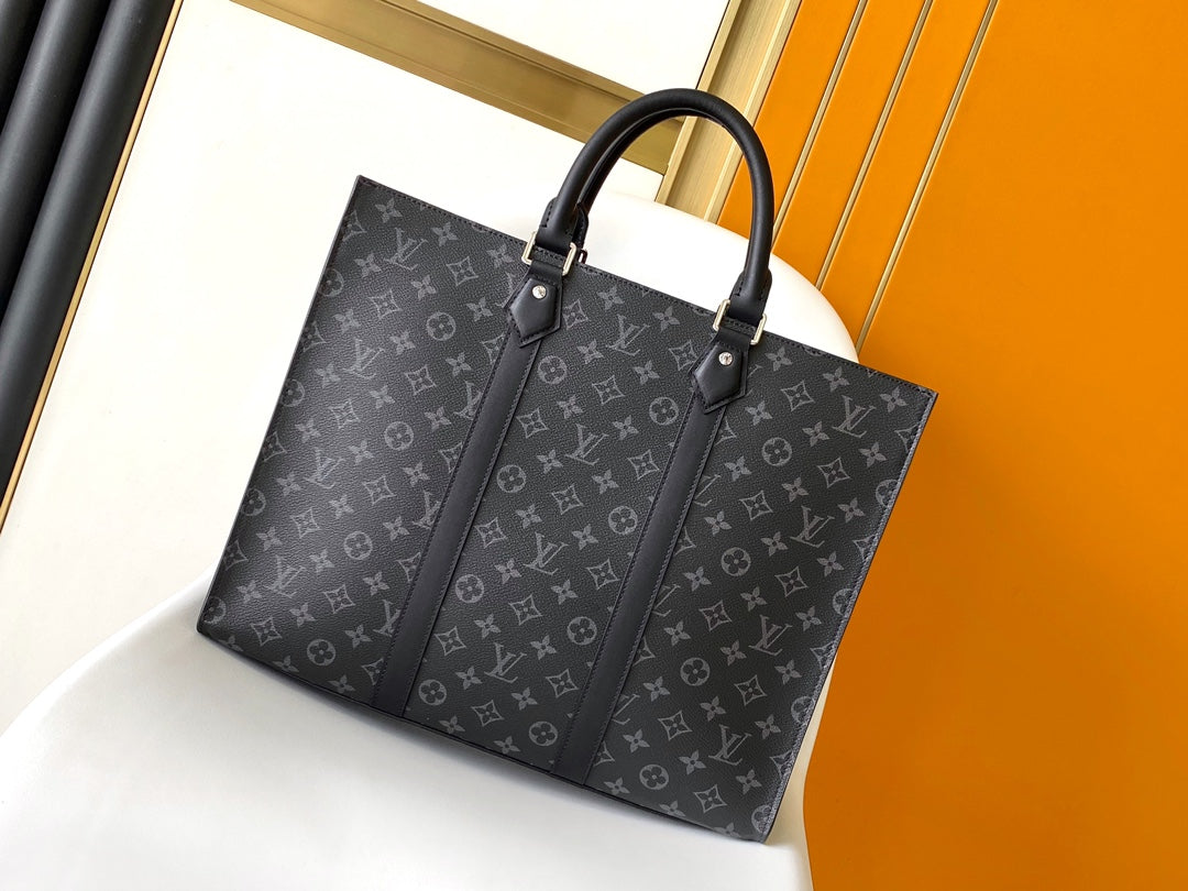 Louis Vuitton Black Monogram Print Large Tote Bag with Top Handles and Luggage Tag