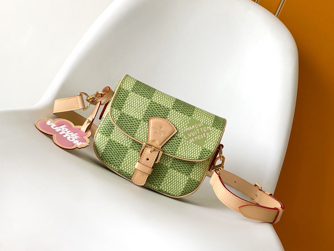 Louis Vuitton Green Checkered Canvas Mini Saddle Bag with Leather Strap
