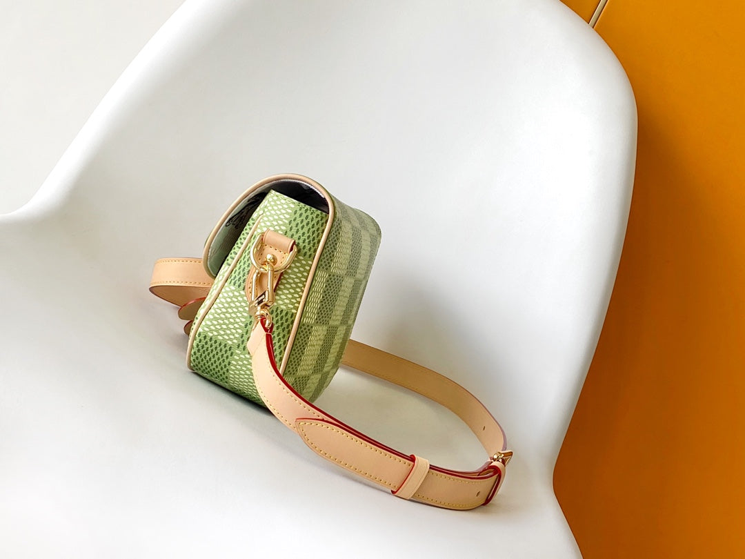 Louis Vuitton Green Checkered Canvas Mini Saddle Bag with Leather Strap