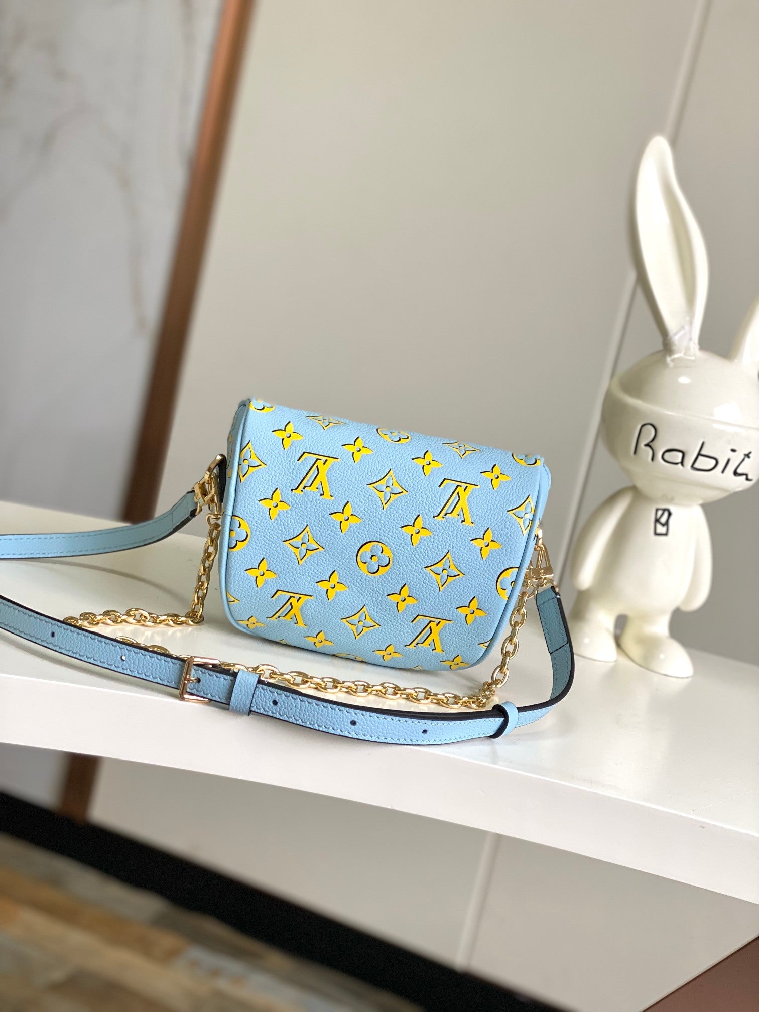 Louis Vuitton Light Blue Embossed Monogram Crossbody Bag with Gold Chain