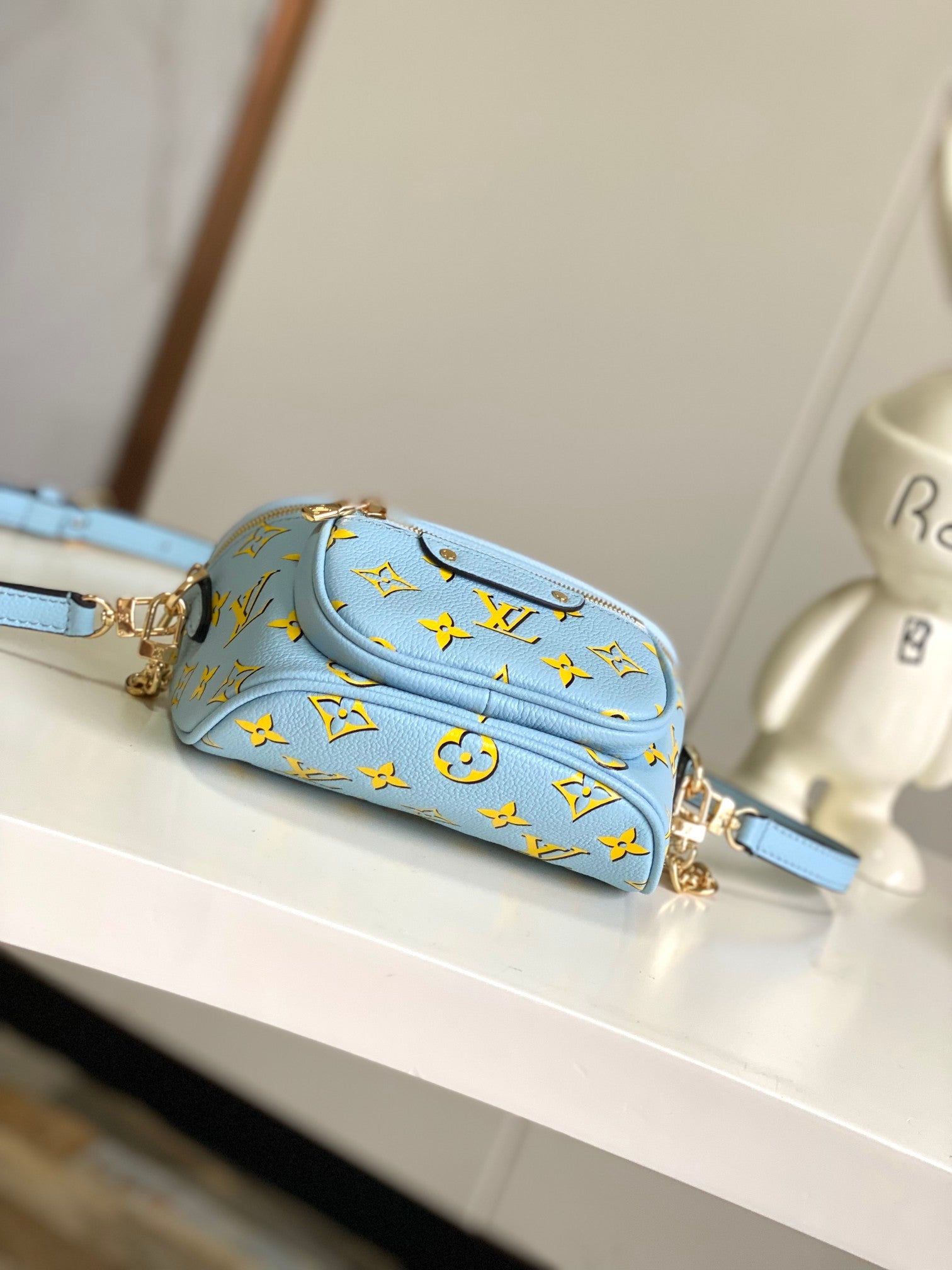 Louis Vuitton Light Blue Embossed Monogram Crossbody Bag with Gold Chain