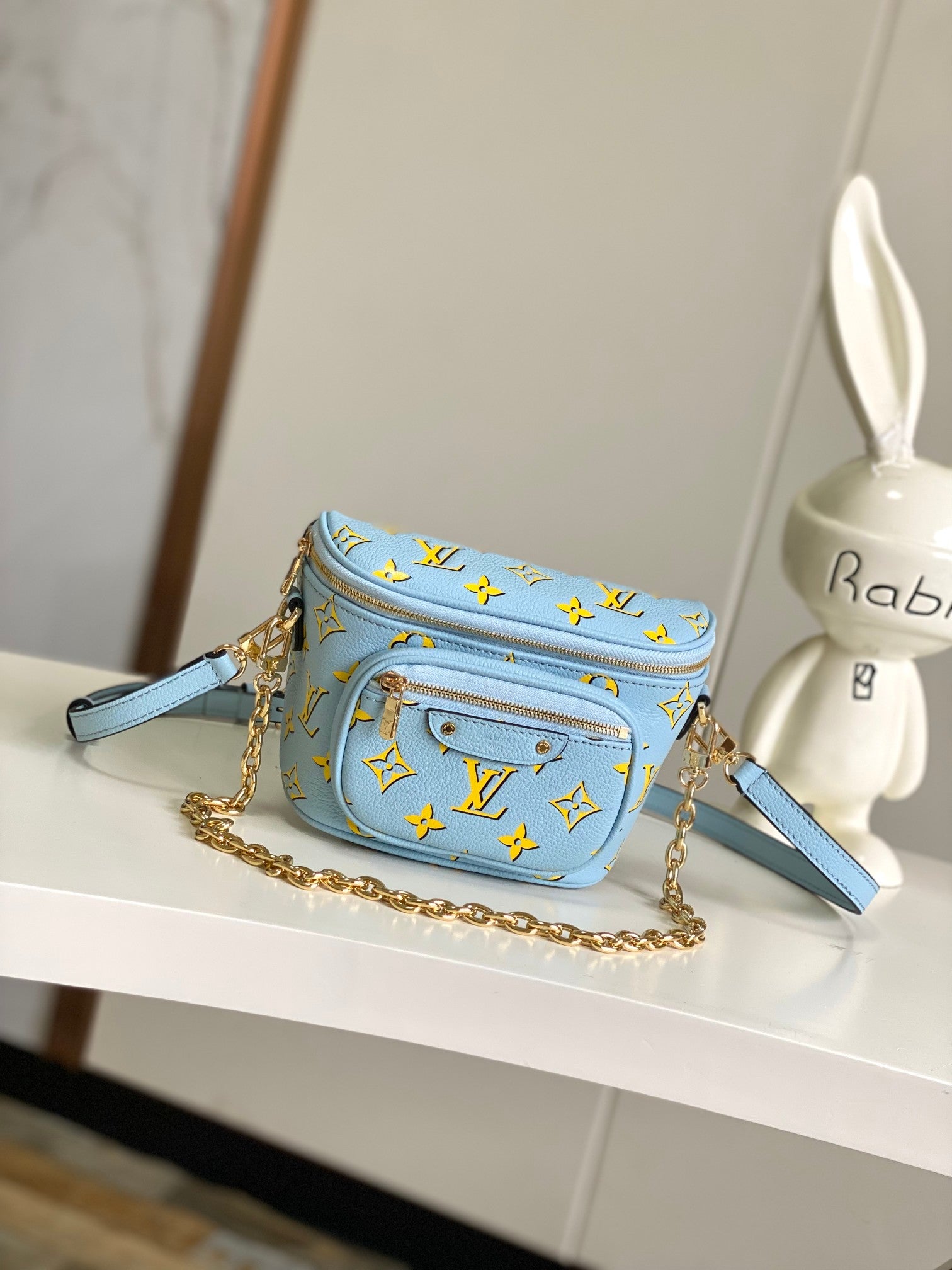 Louis Vuitton Light Blue Embossed Monogram Crossbody Bag with Gold Chain