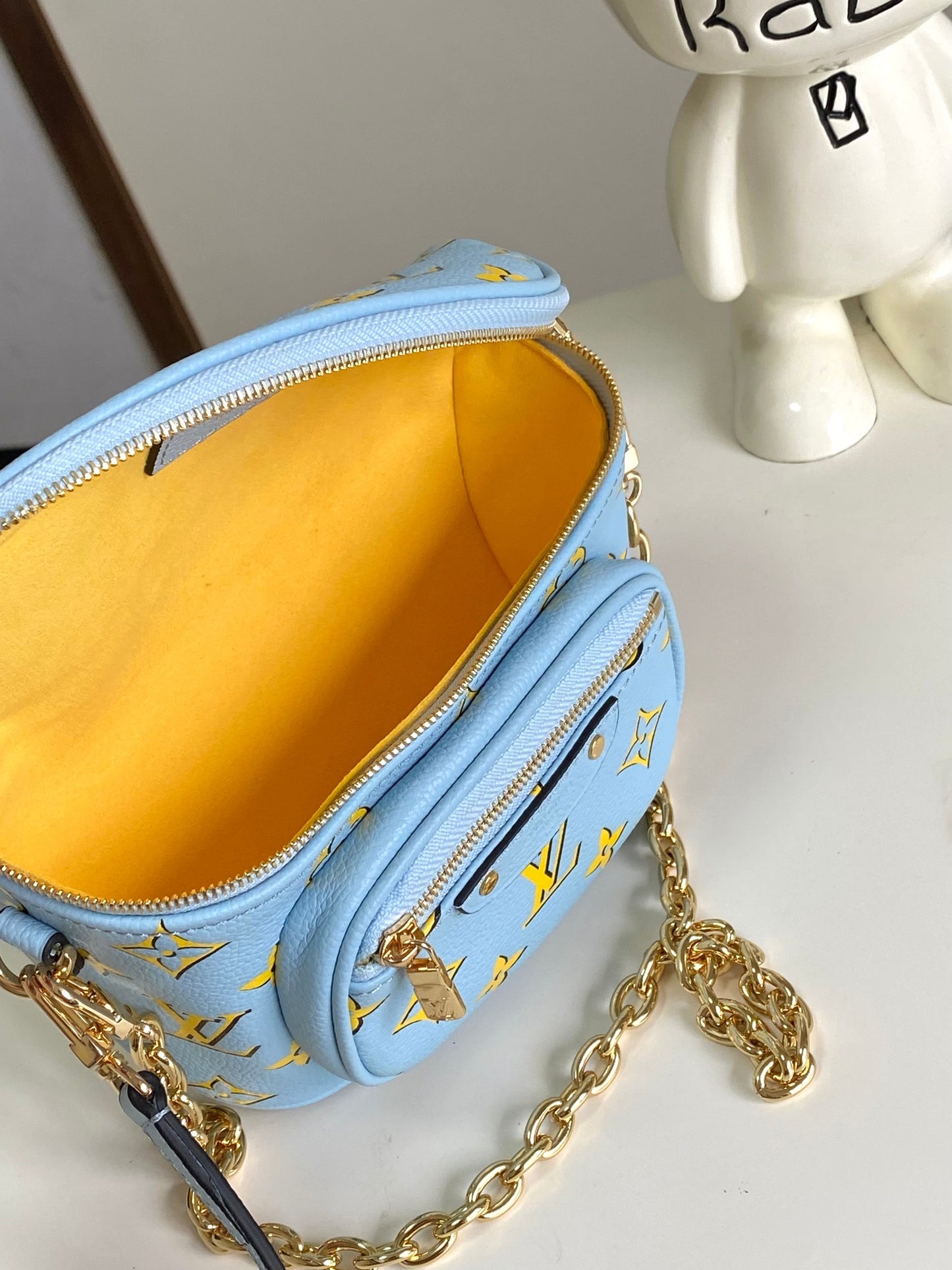 Louis Vuitton Light Blue Embossed Monogram Crossbody Bag with Gold Chain