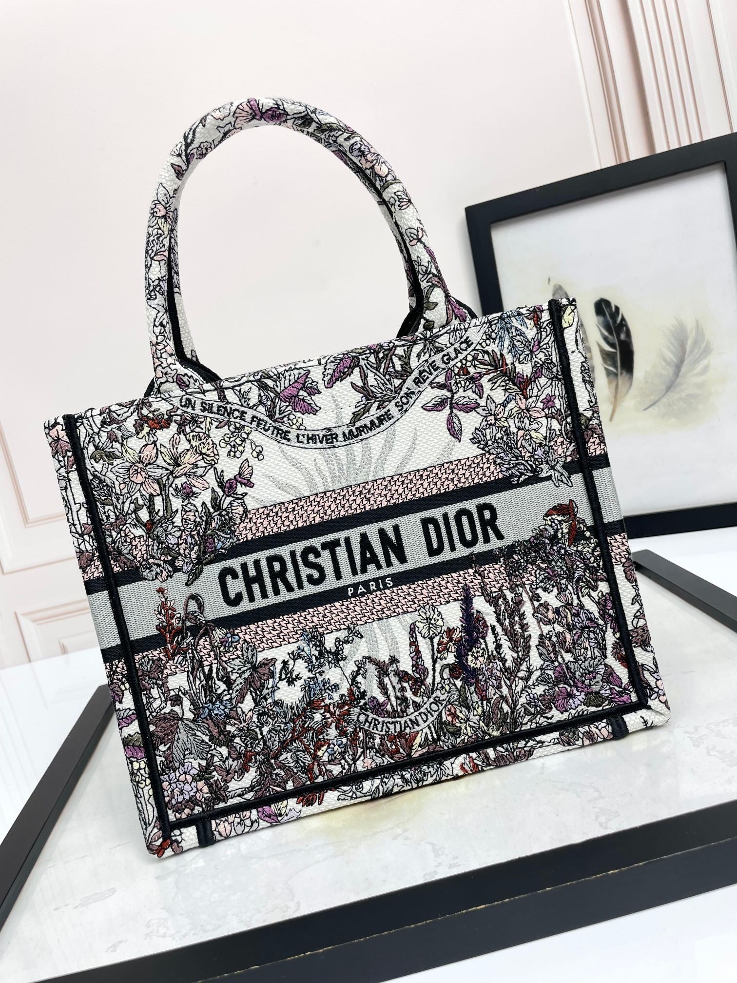 Dior Vintage Floral Embroidered Canvas Tote Bag with Top Handles