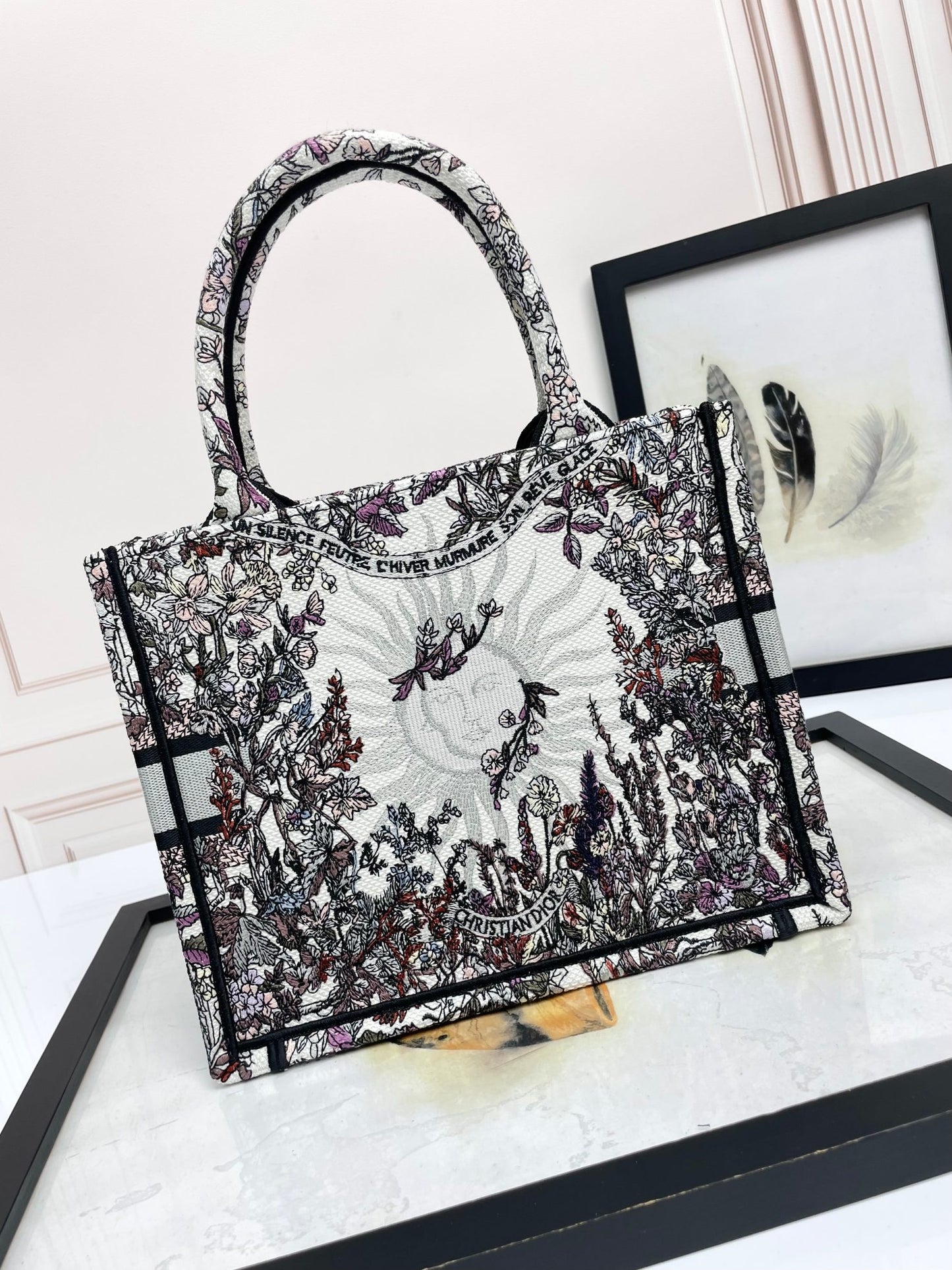Dior Vintage Floral Embroidered Canvas Tote Bag with Top Handles