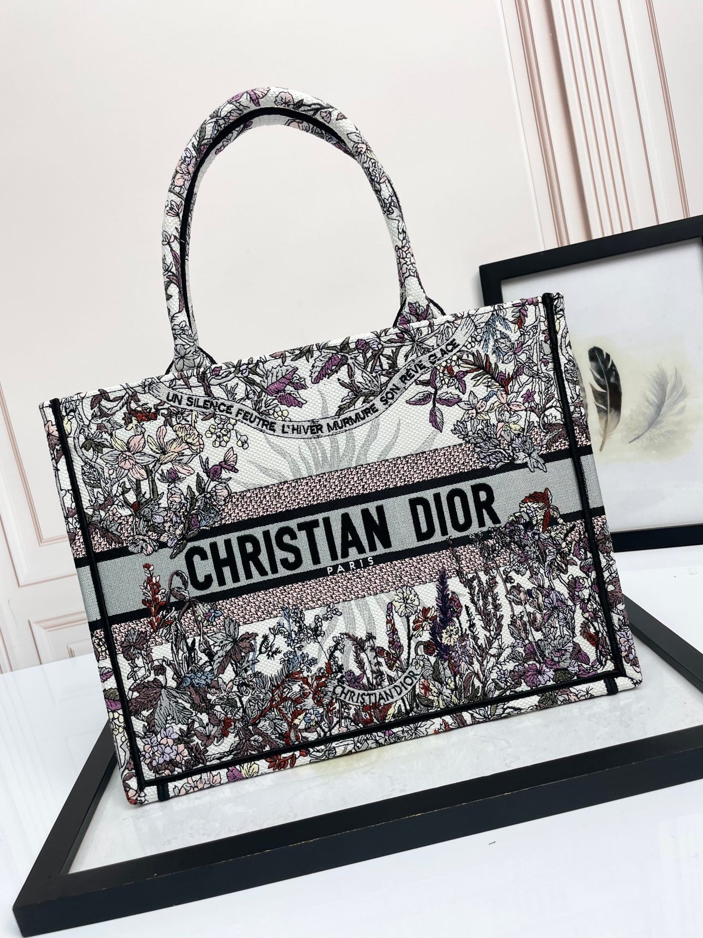Dior Elegant Embroidered Floral Pattern Canvas Shoulder Tote Bag
