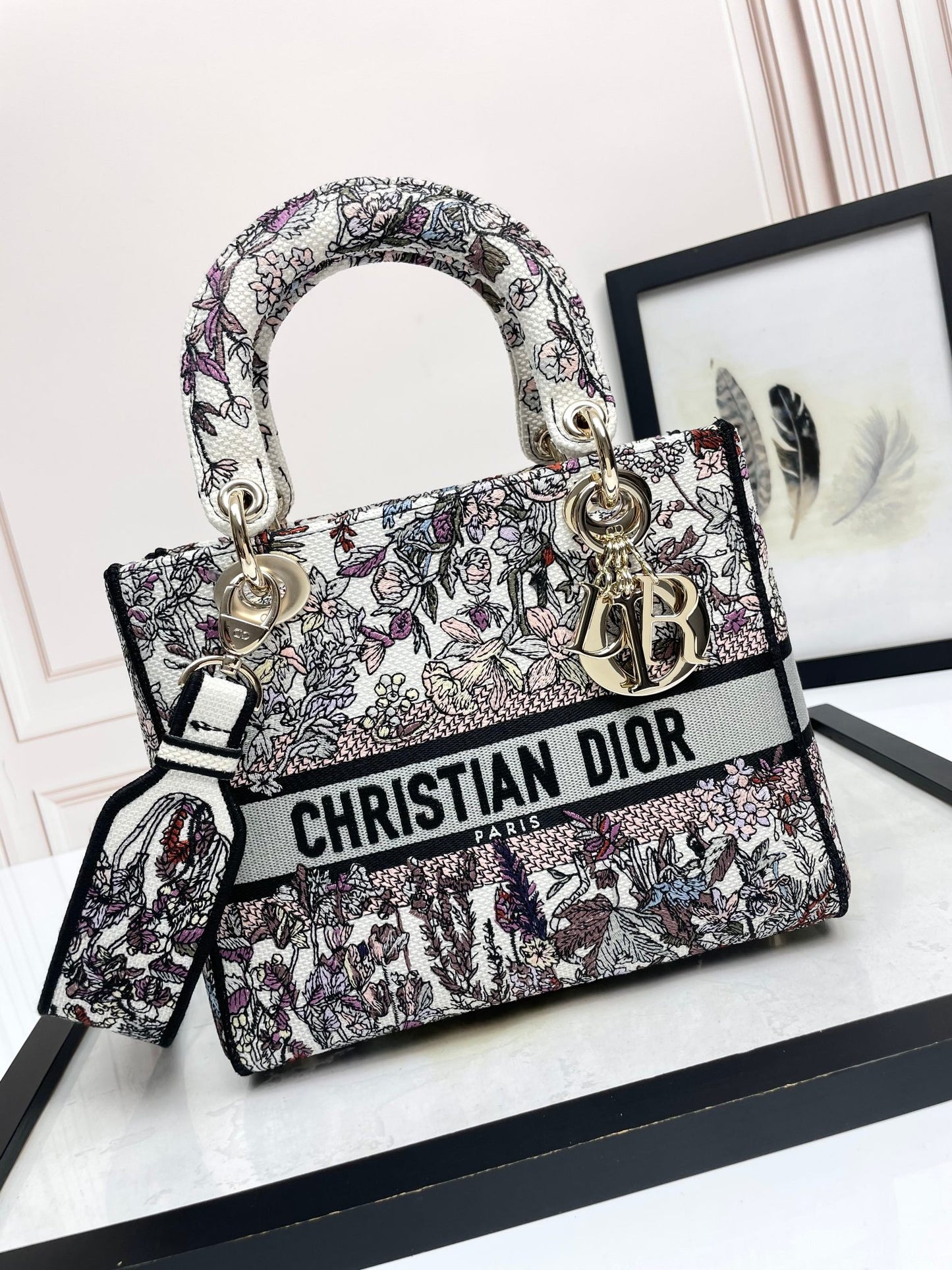 Christian Dior Lady D-Lite Medium Embroidered Floral Handbag