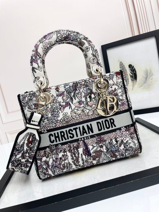 Christian Dior Lady D-Lite Medium Embroidered Floral Handbag