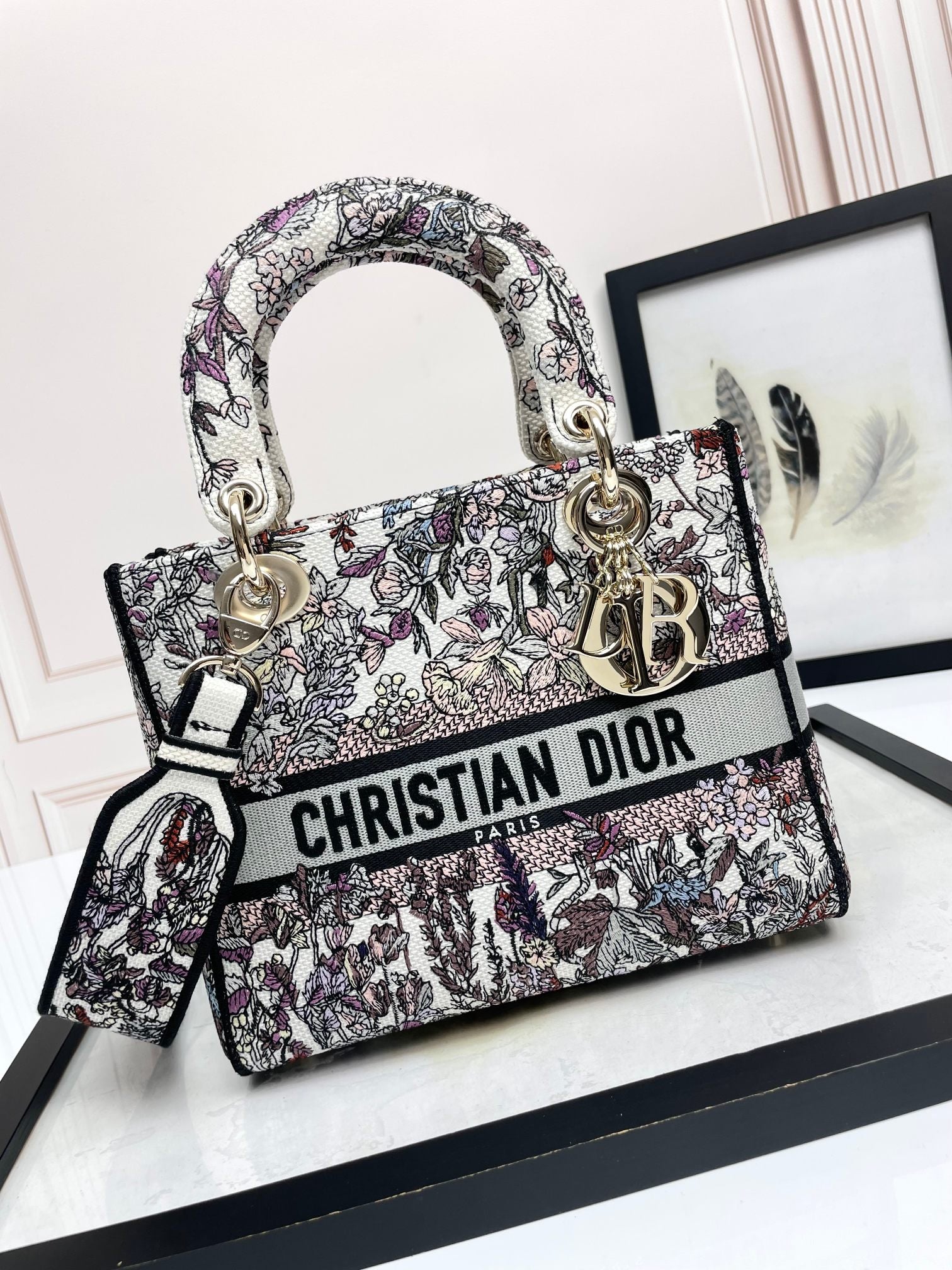 Dior Elegant Floral Embroidered Top Handle Bag with Shoulder Strap