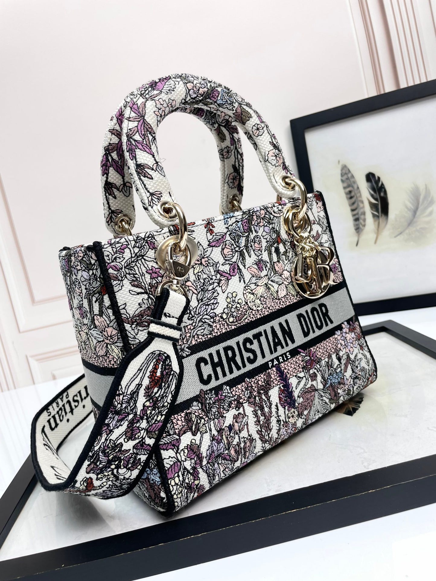 Dior Luxury Embroidered Floral Tapestry Handbag with Top Handle
