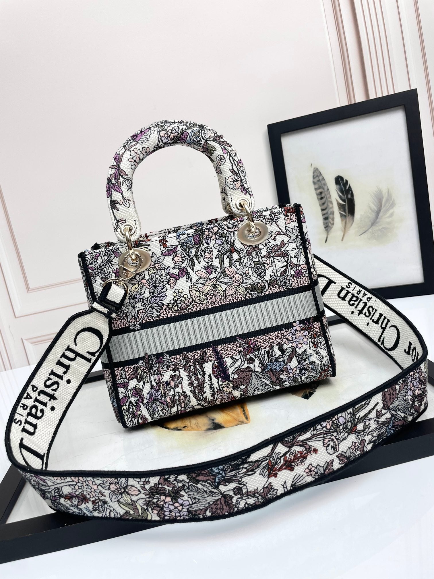 Dior Luxury Embroidered Floral Tapestry Handbag with Top Handle