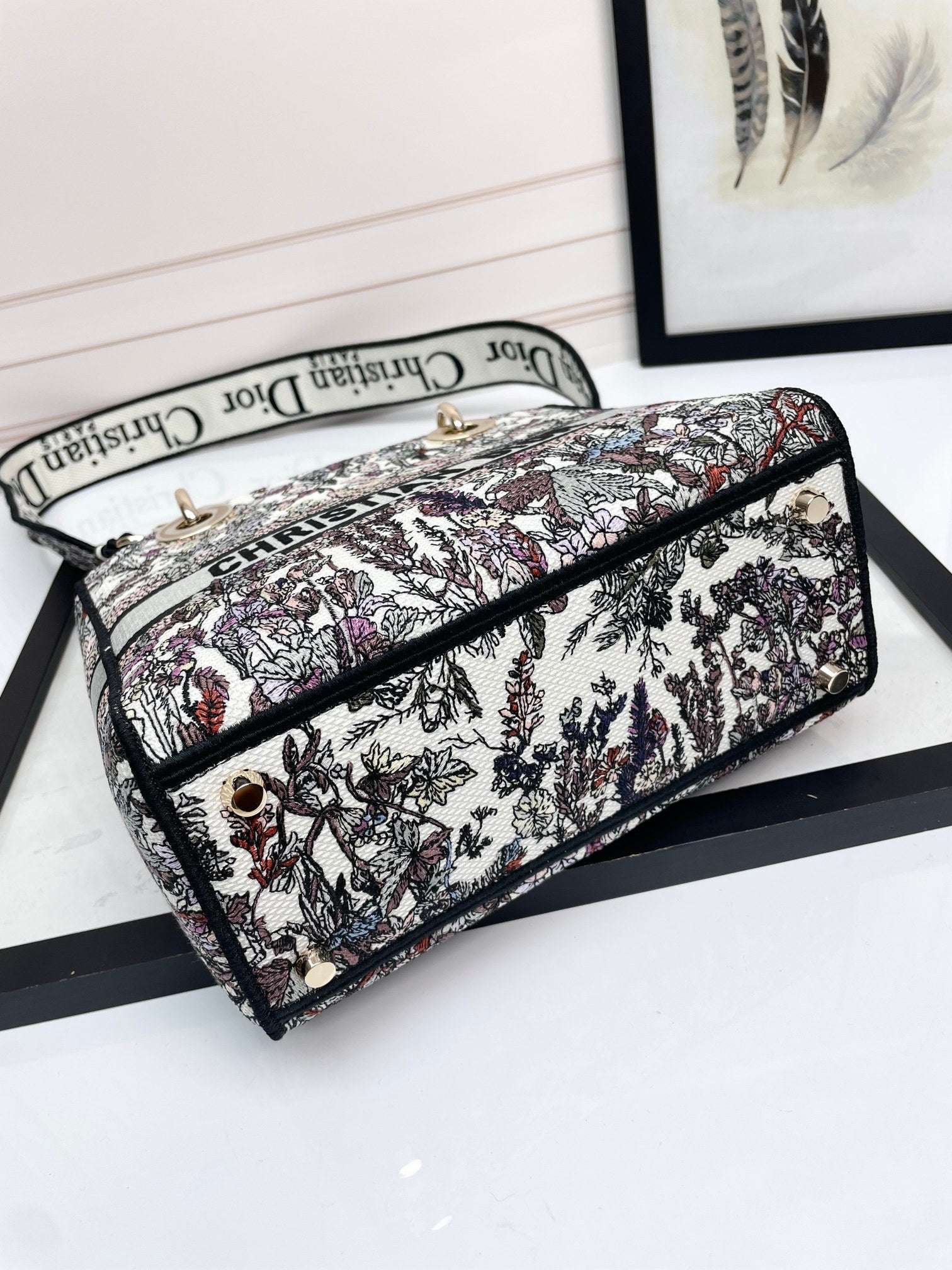 Dior Elegant Floral Embroidered Top Handle Bag with Shoulder Strap