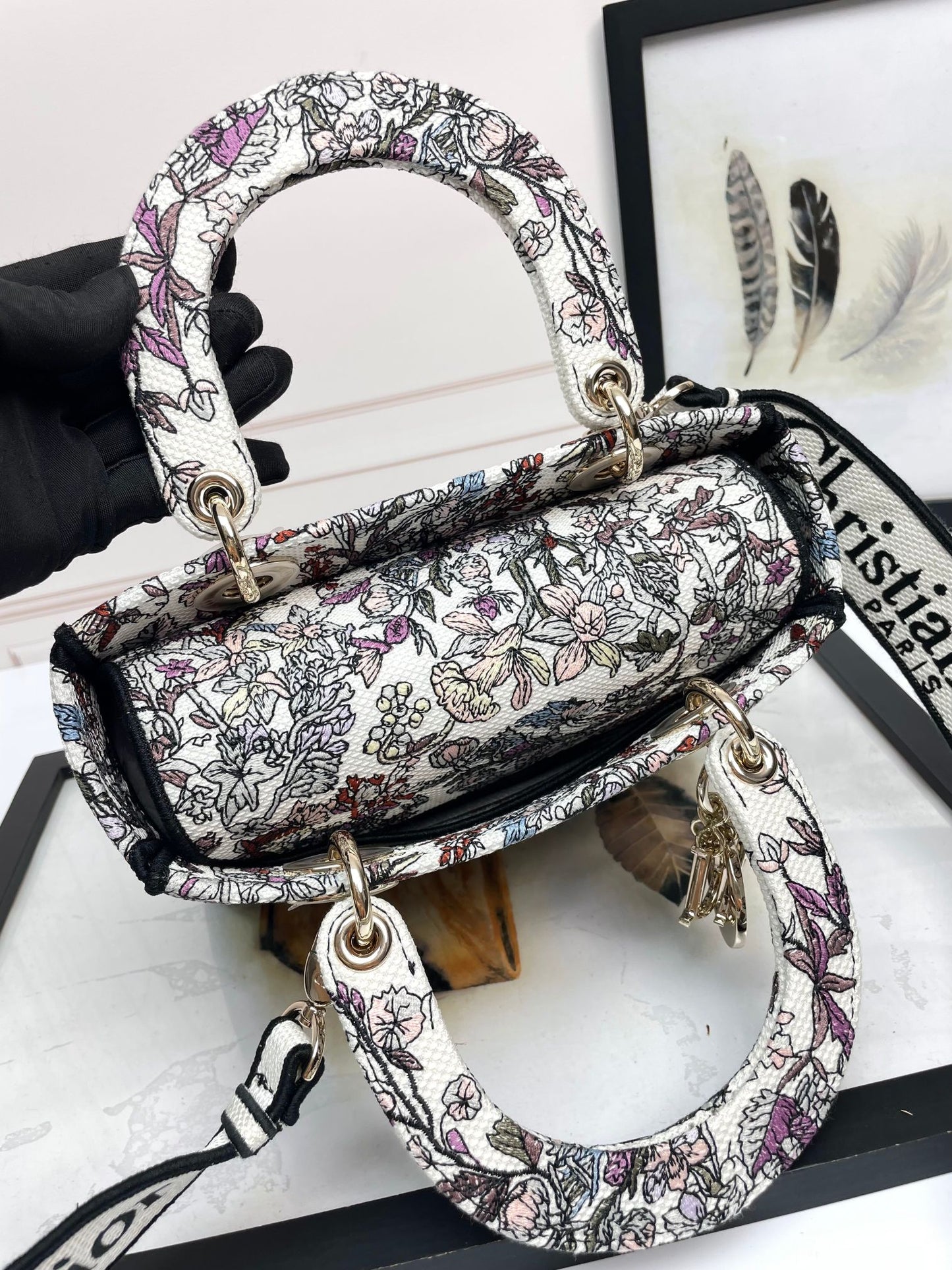 Dior Elegant Floral Embroidered Top Handle Bag with Shoulder Strap