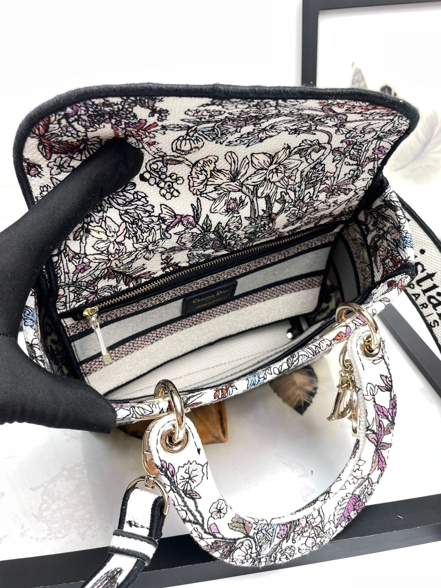 Dior Elegant Floral Embroidered Top Handle Bag with Shoulder Strap