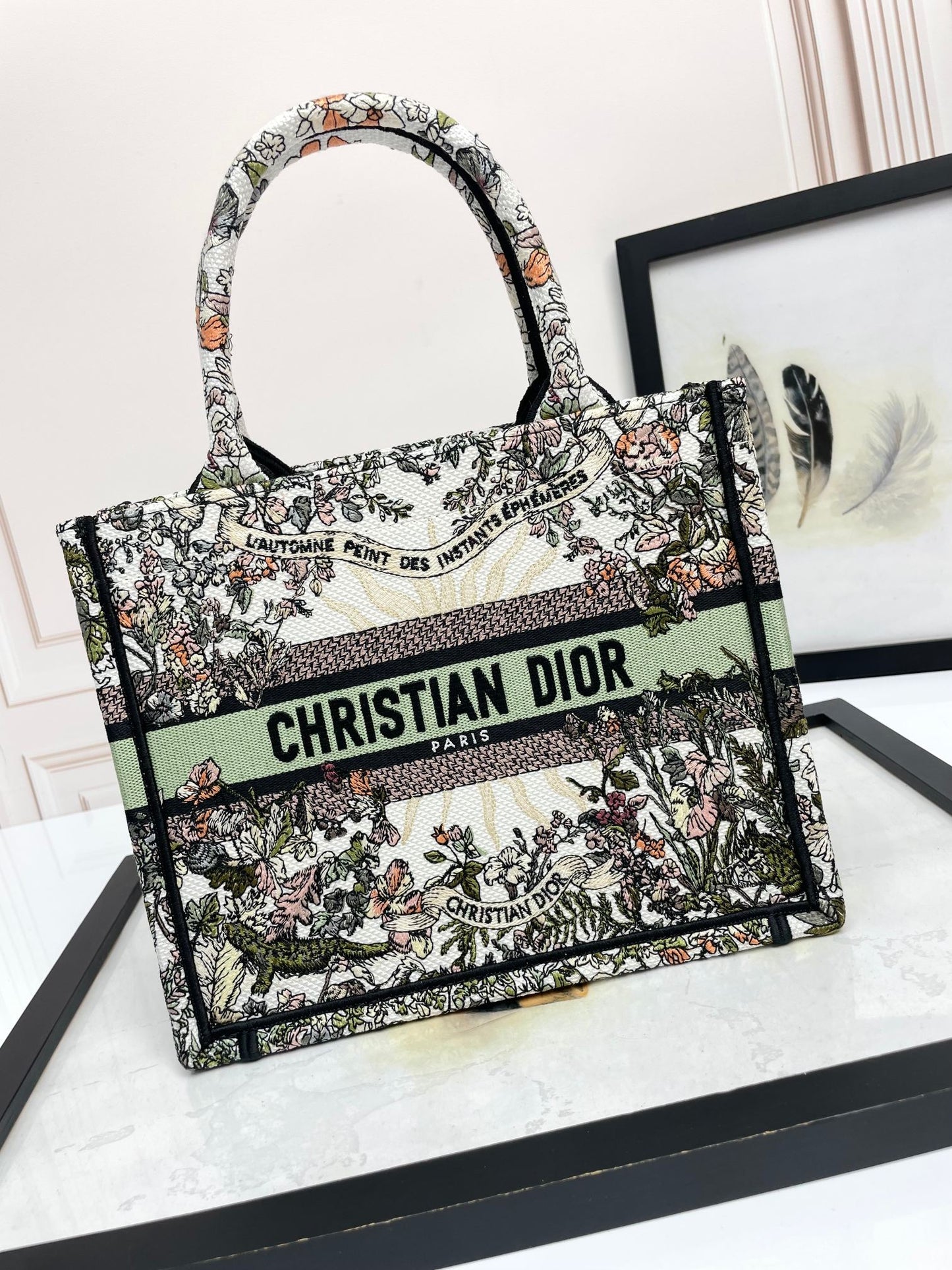 Christian Dior Large Book Tote Bag Floral Embroidery Green & Multicolor