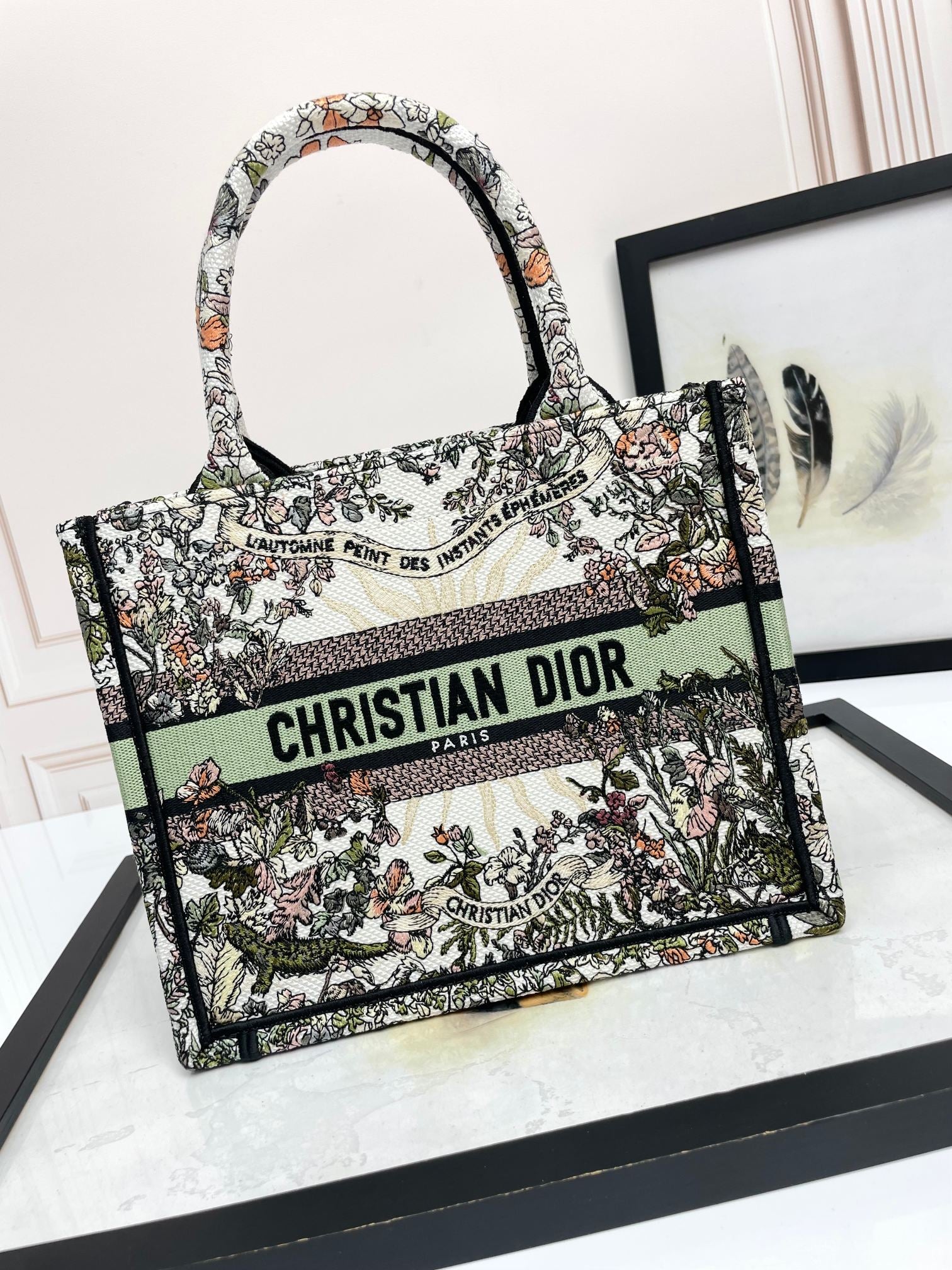 Dior Vintage Floral Embroidered Canvas Tote Bag with Top Handle