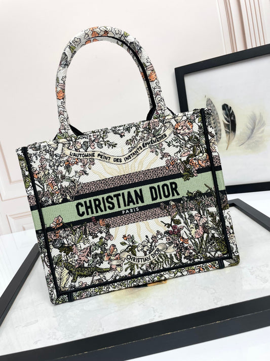 Dior Vintage Floral Embroidered Canvas Tote Bag with Top Handle