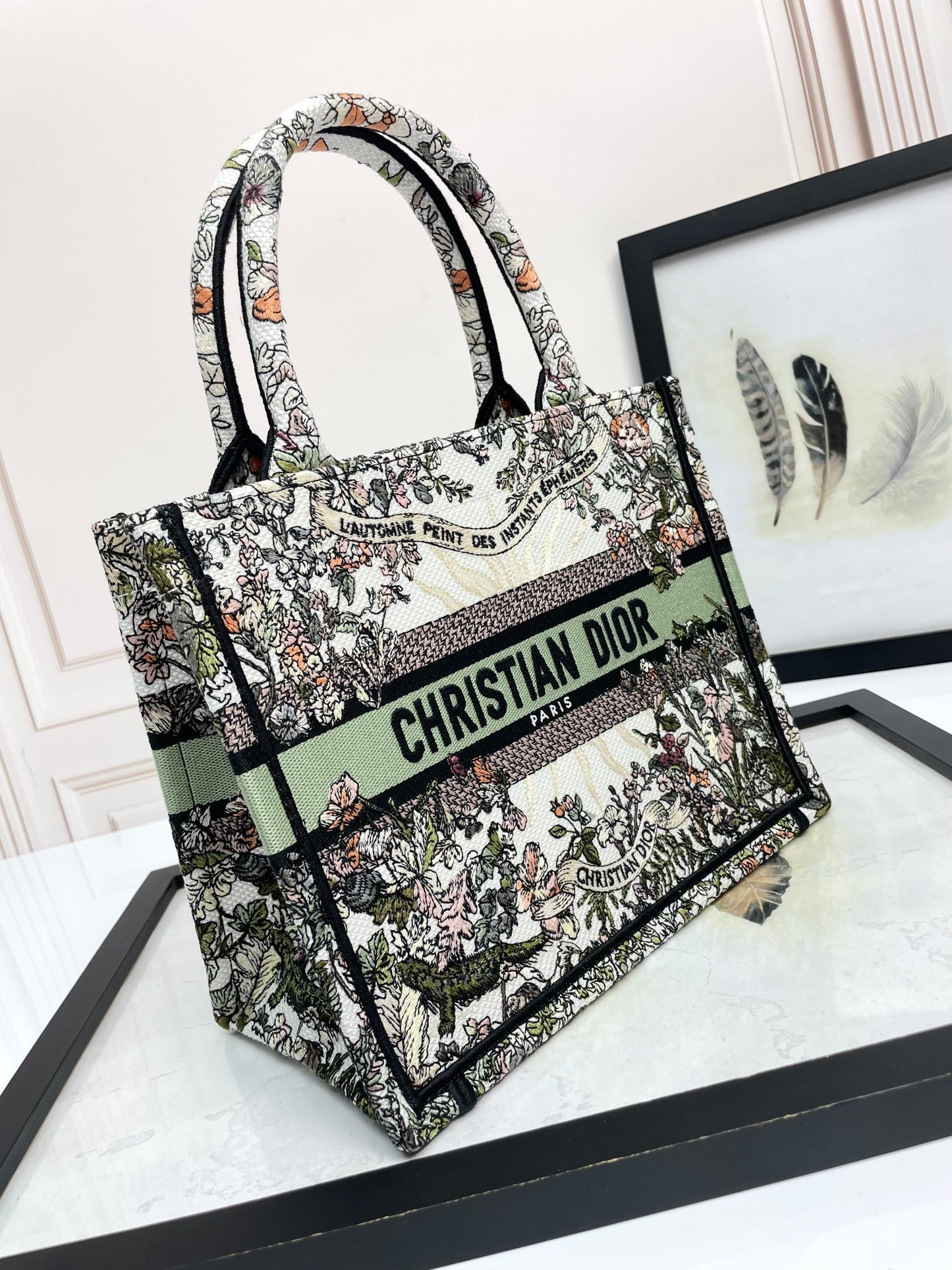 Dior Floral Embroidered Canvas Tote Bag Vintage Style Top Handle Purse