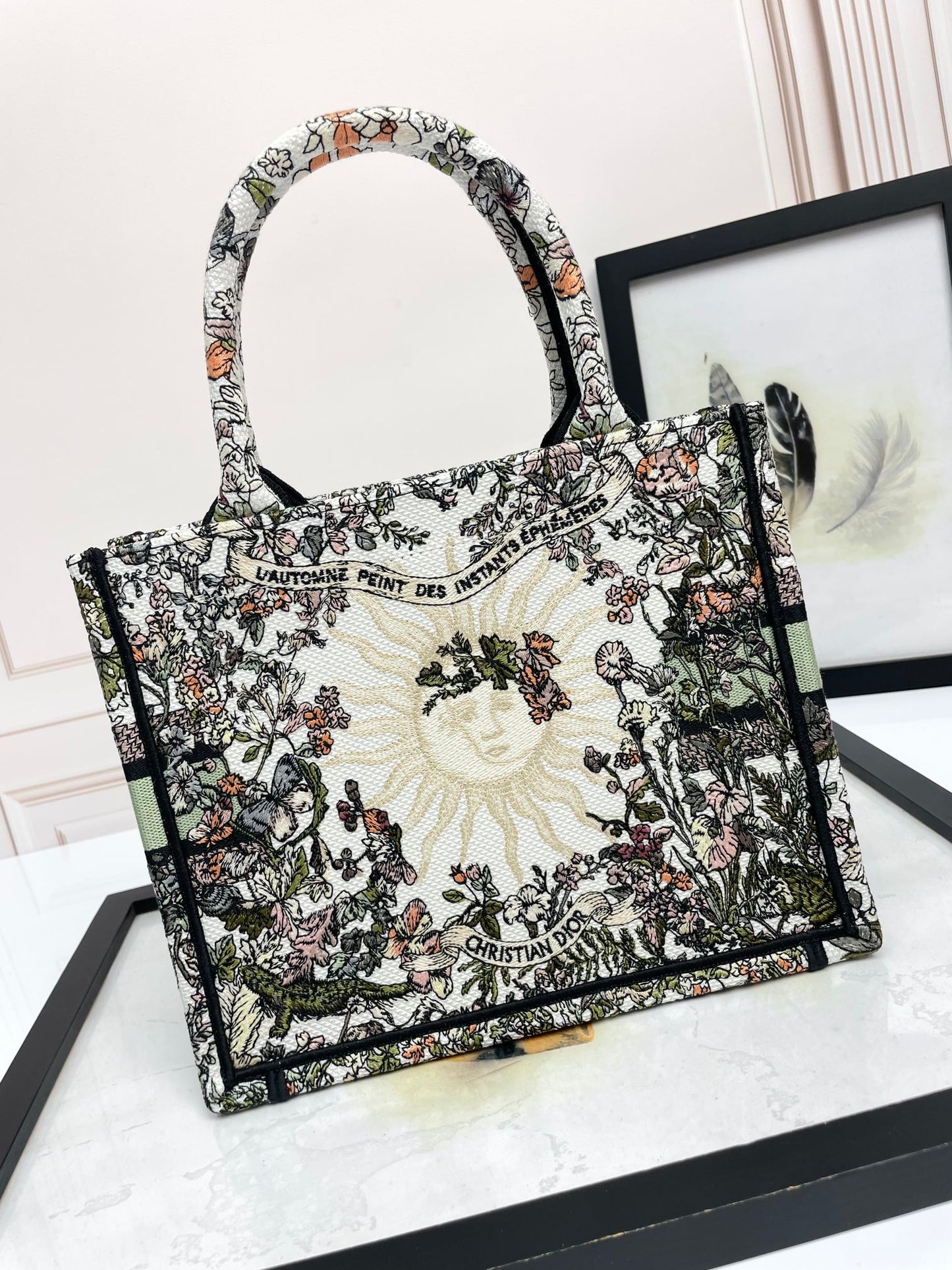 Christian Dior Large Book Tote Bag Floral Embroidery Green & Multicolor