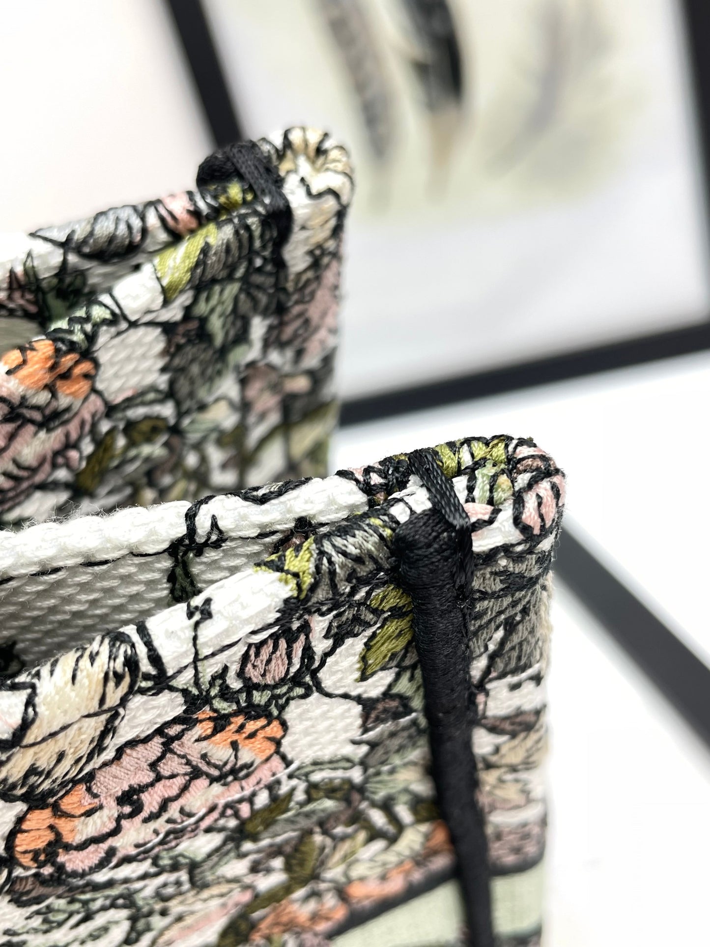 Dior Floral Embroidered Canvas Tote Bag Vintage Style Top Handle Purse