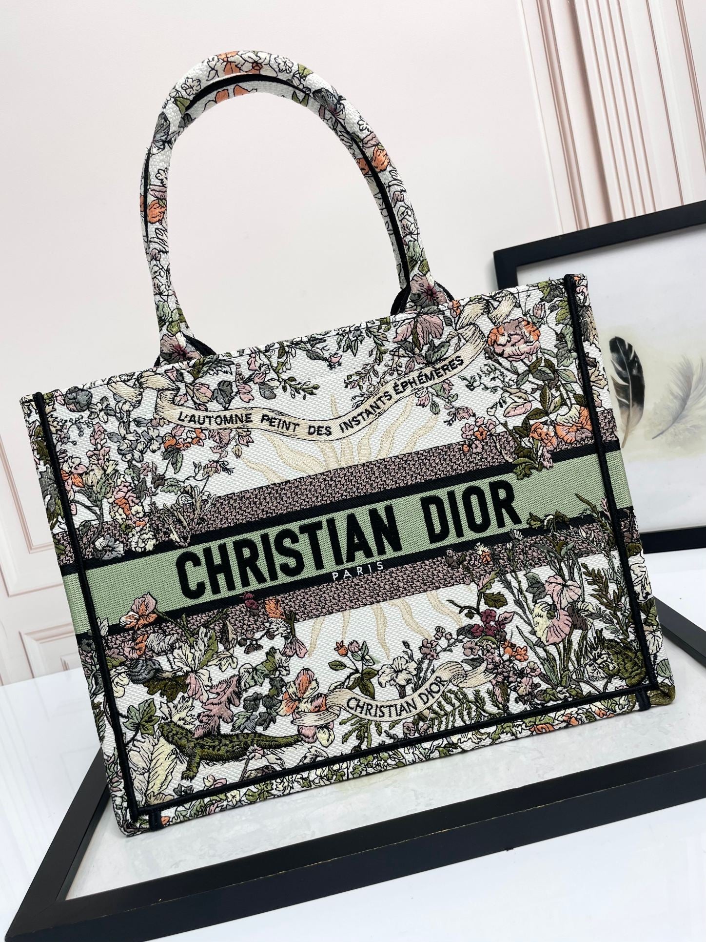 Dior Floral Embroidered Canvas Tote Bag Large Top Handle Handbag