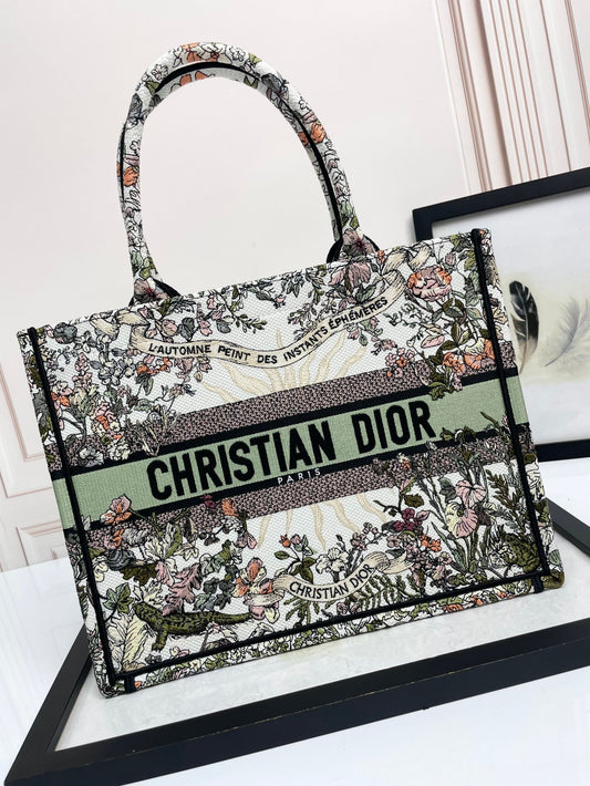 Dior Elegant Floral Tapestry Canvas Tote Bag Large Top Handle Handbag