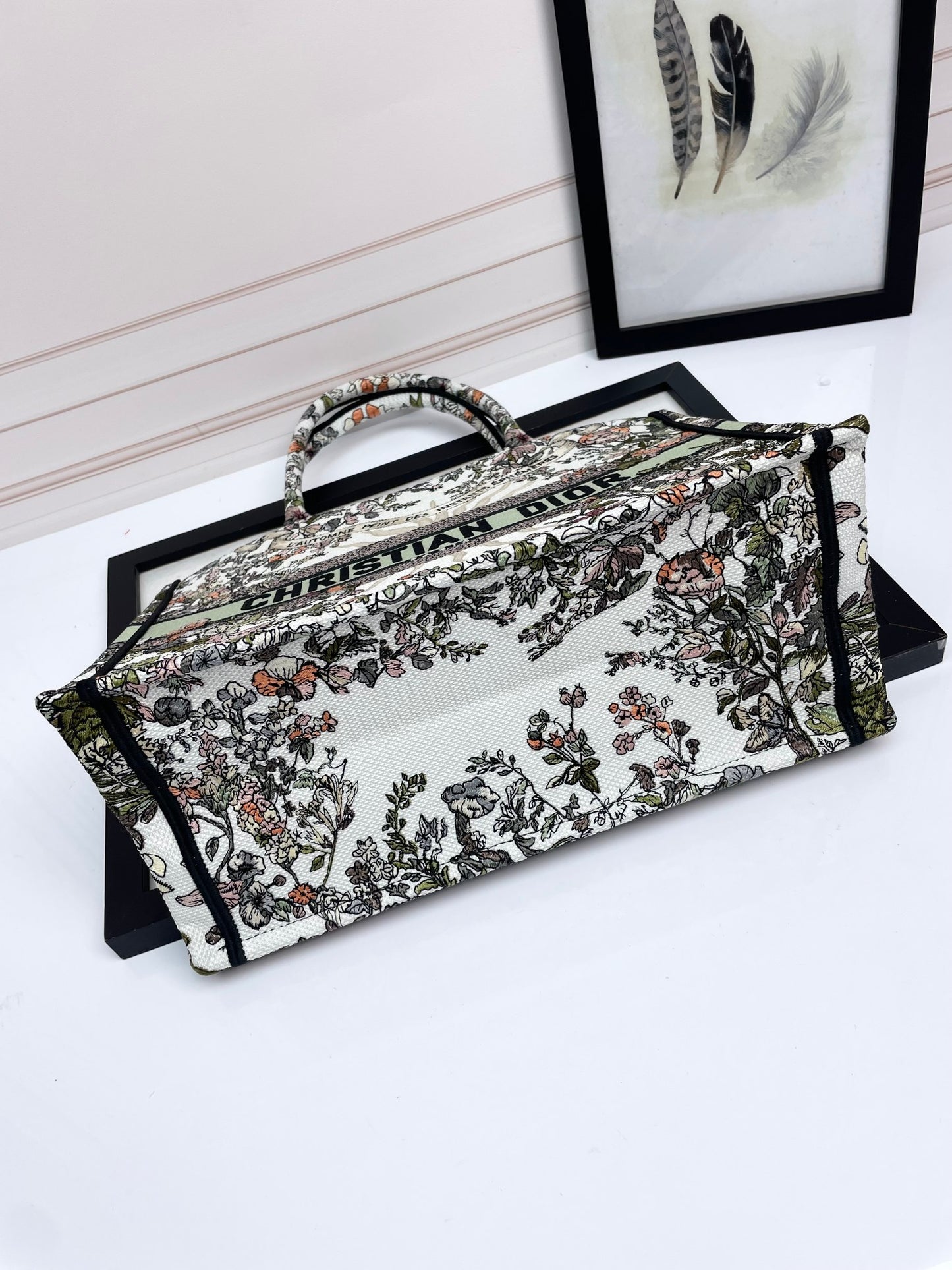 Dior Floral Embroidered Canvas Tote Bag Large Top Handle Handbag