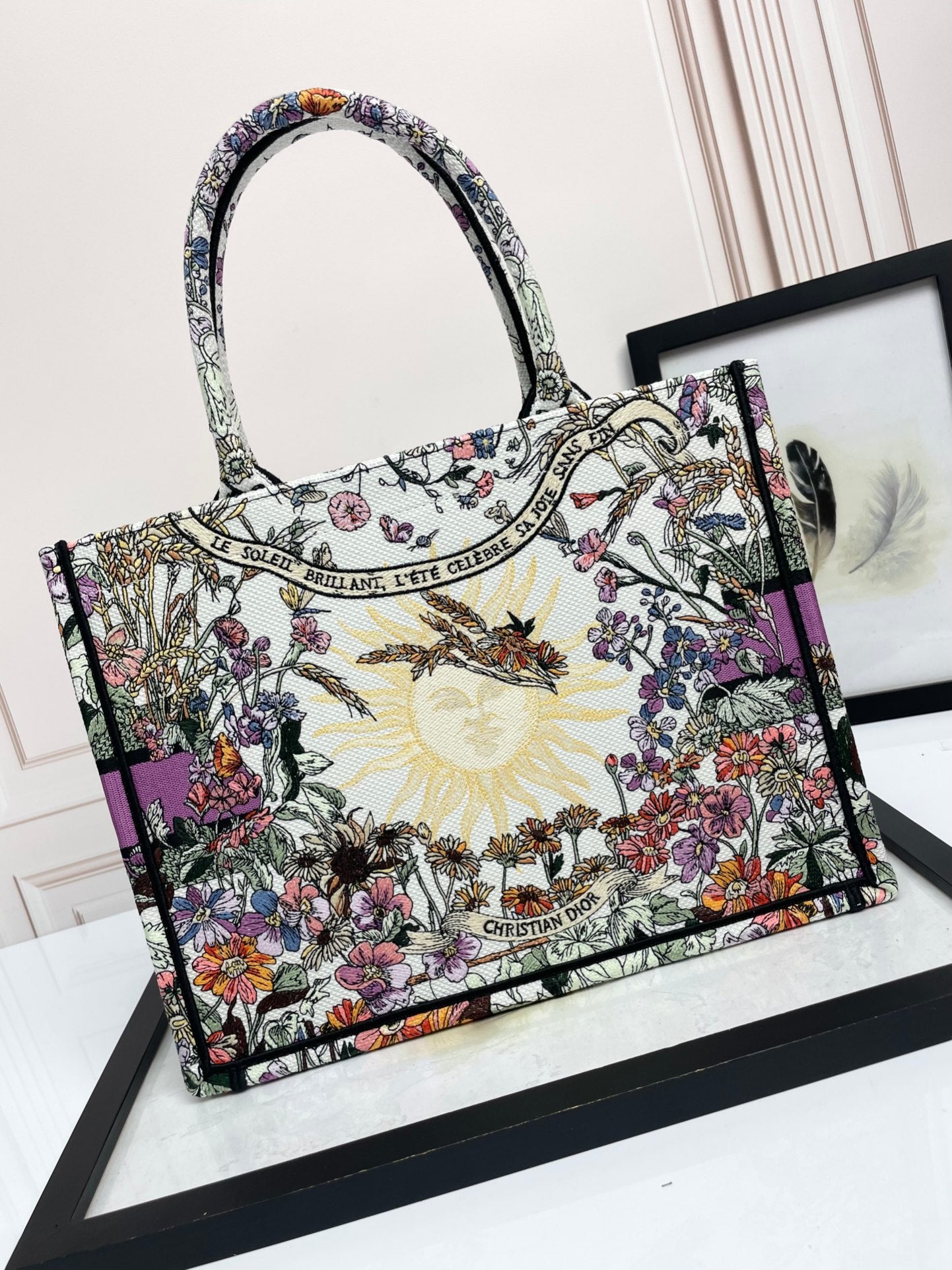 Christian Dior Large Book Tote Multicolour Dior Herbarium Embroidery with Purple Band
