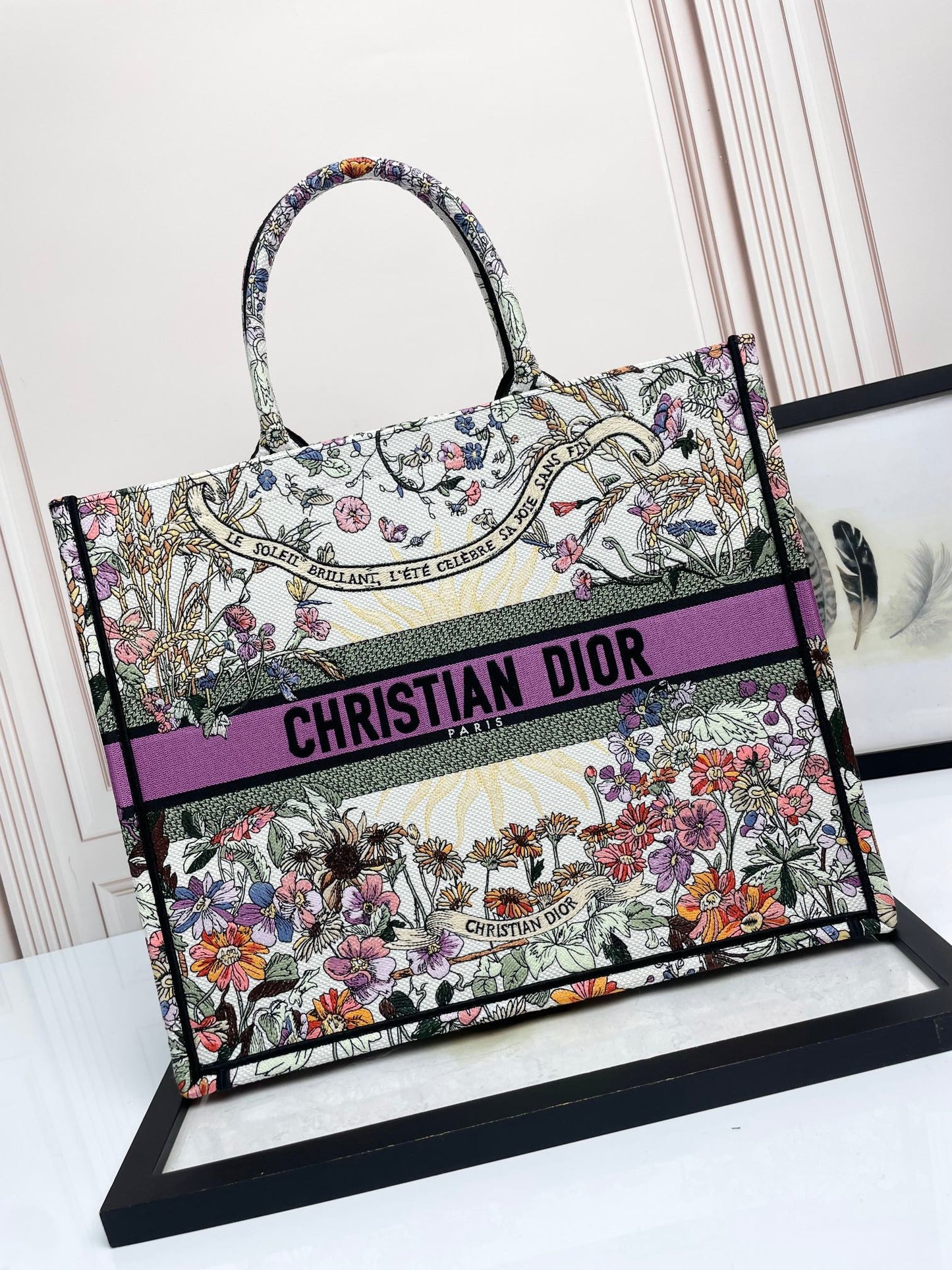 Dior Large Floral Embroidered Canvas Tote Bag with Purple Striped Detail