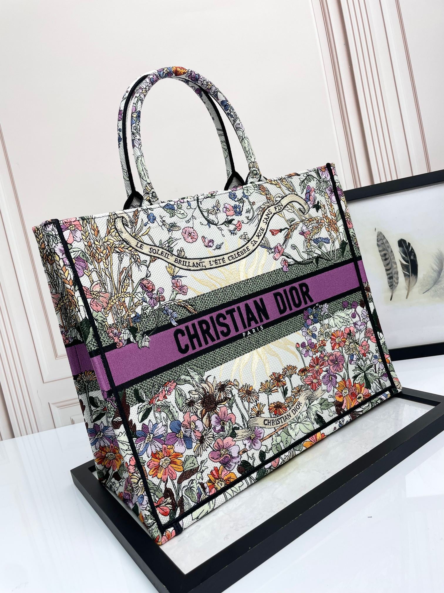 Christian Dior Medium Book Tote - Multicolor Floral Embroidered Canvas with Purple Accent
