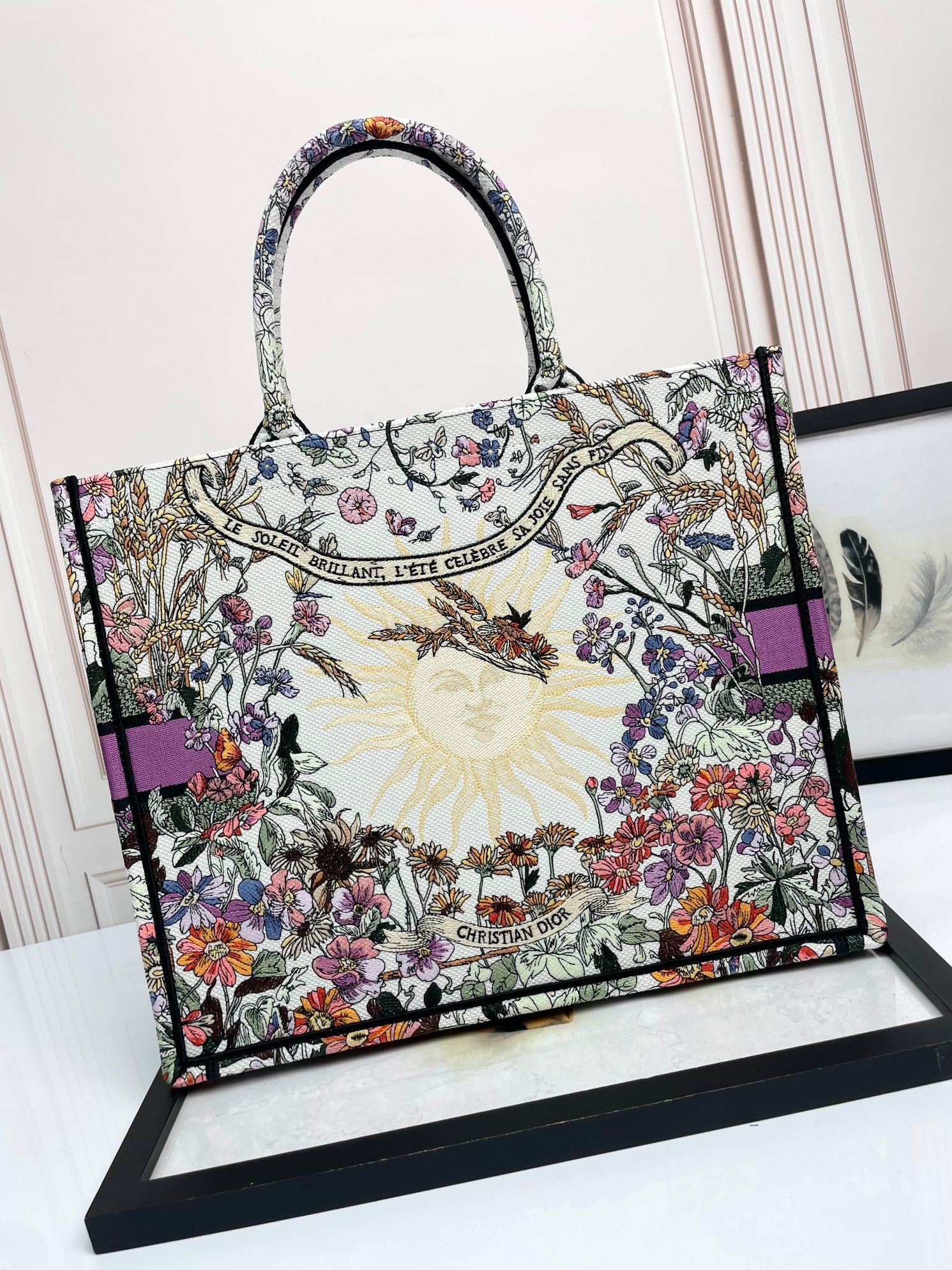 Dior Large Floral Embroidered Canvas Tote Bag with Purple Striped Detail