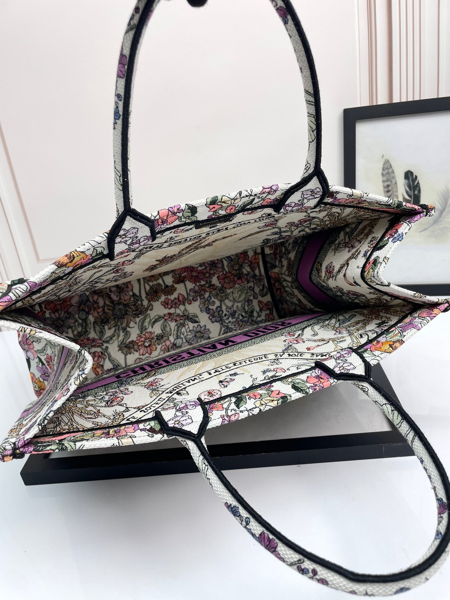 Dior Large Floral Embroidered Canvas Tote Bag with Purple Striped Detail