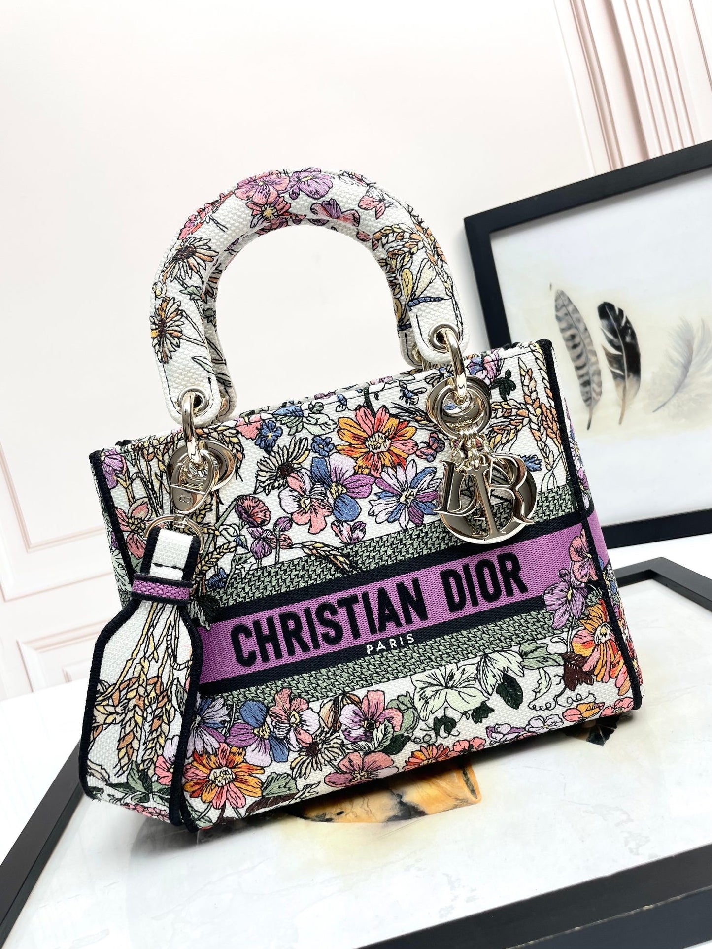 Dior Colorful Floral Embroidered Canvas Top Handle Handbag for Women