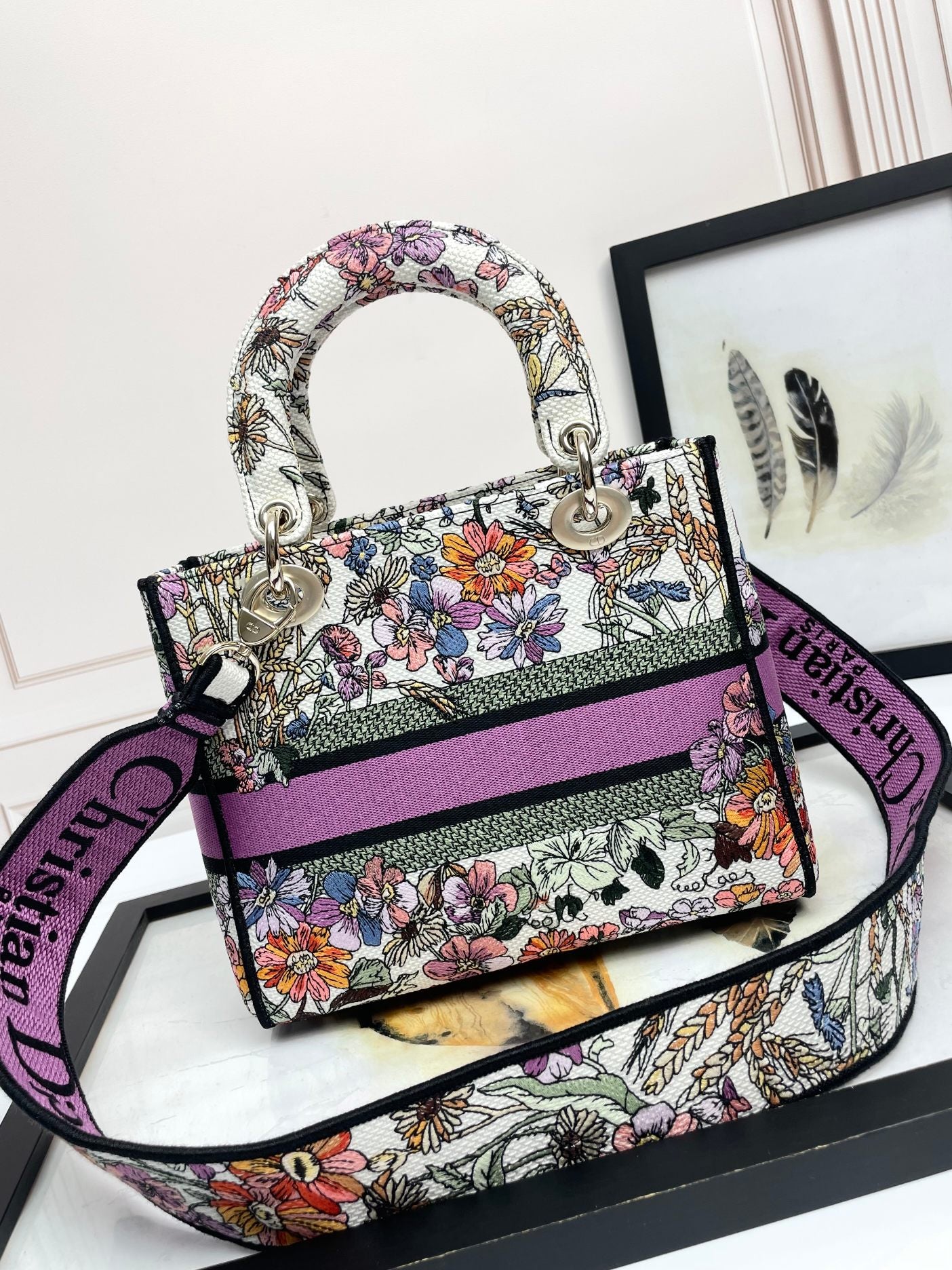 Dior Colorful Floral Embroidered Canvas Top Handle Satchel Handbag