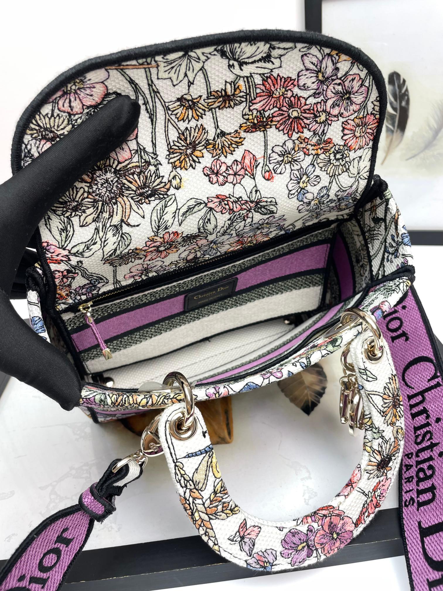 Dior Colorful Floral Embroidered Canvas Top Handle Satchel Handbag