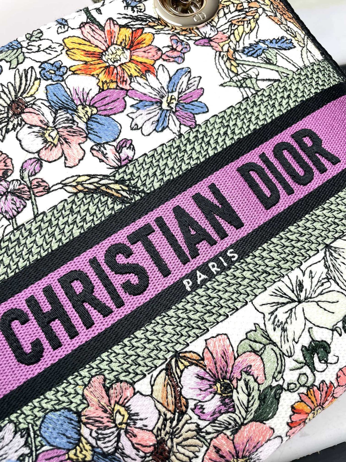 Dior Colorful Floral Embroidered Canvas Top Handle Handbag for Women