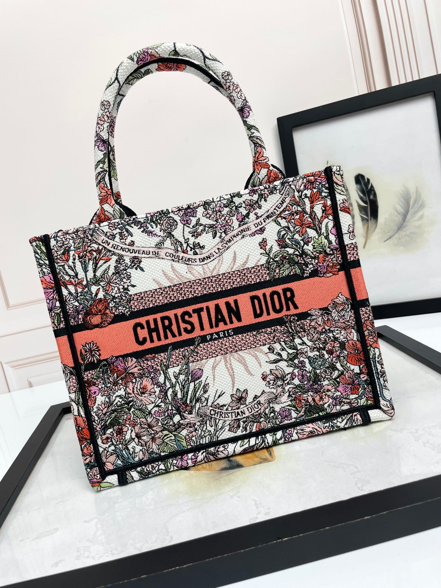 Christian Dior Small Book Tote Bag Botanical Floral Canvas - Pink Multicolor