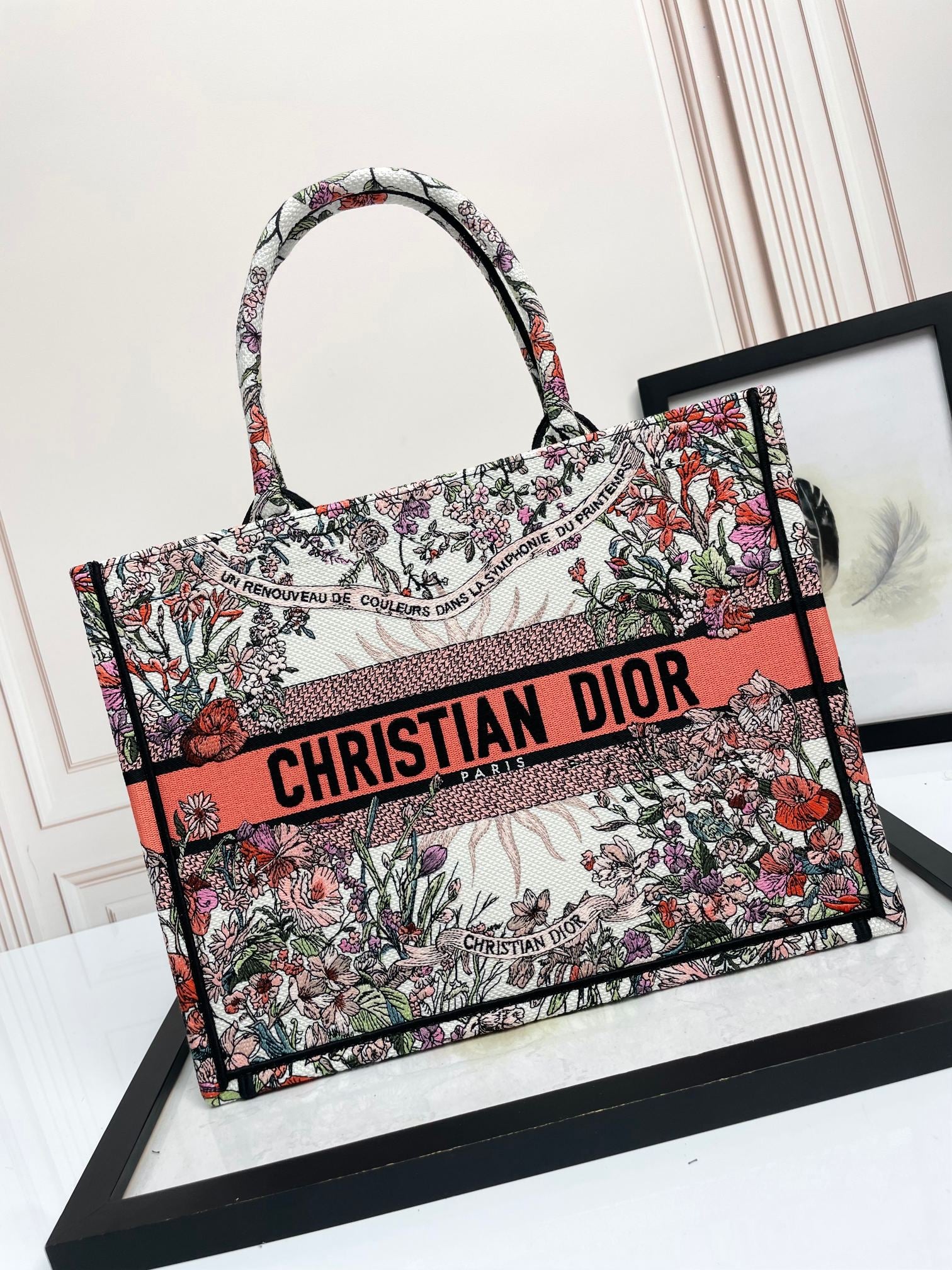 Dior Elegant Floral Embroidered Canvas Tote Bag Luxury Shoulder Handbag