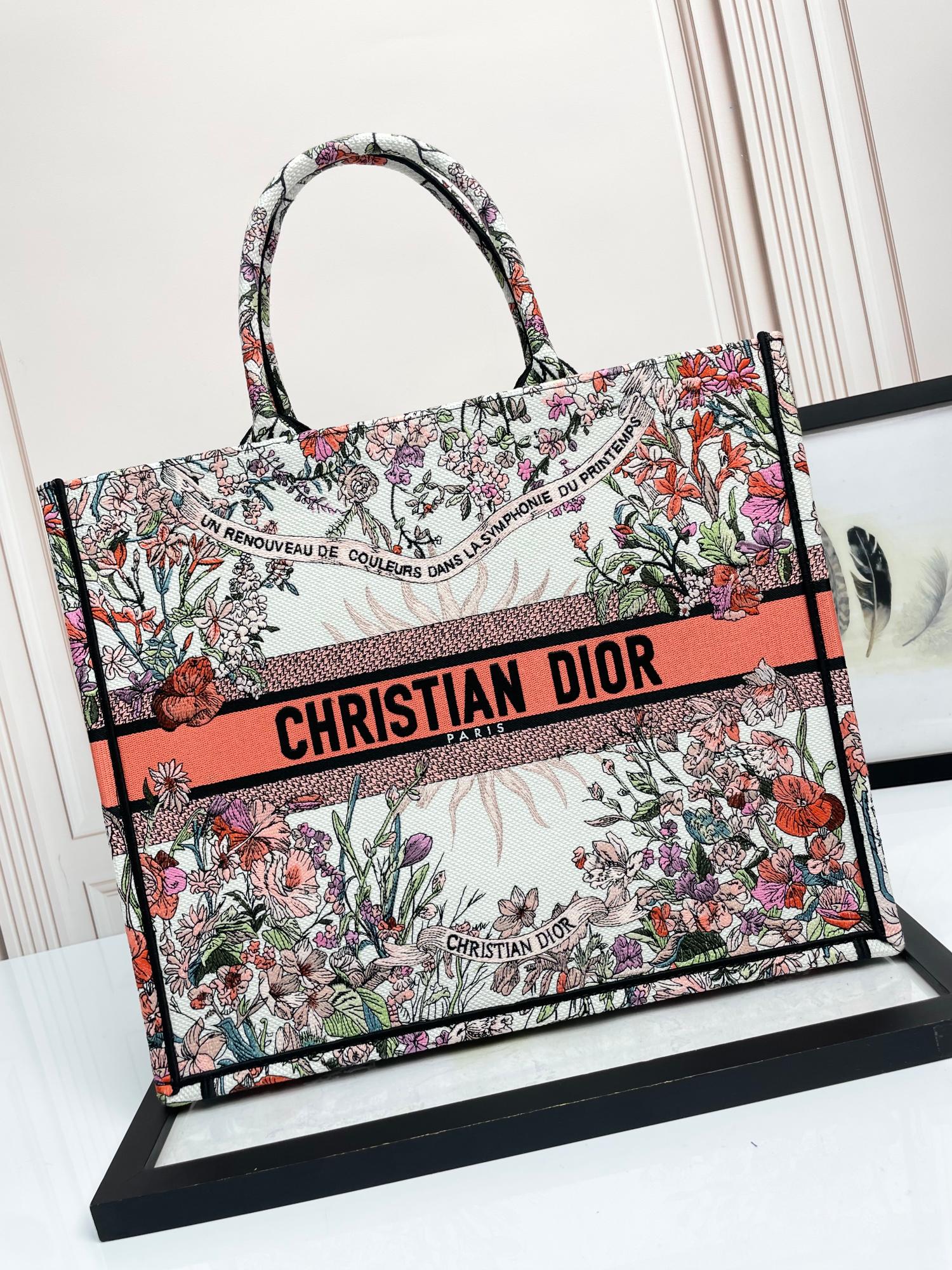 Dior Vintage Floral Embroidered Canvas Tote Bag Large Handbag