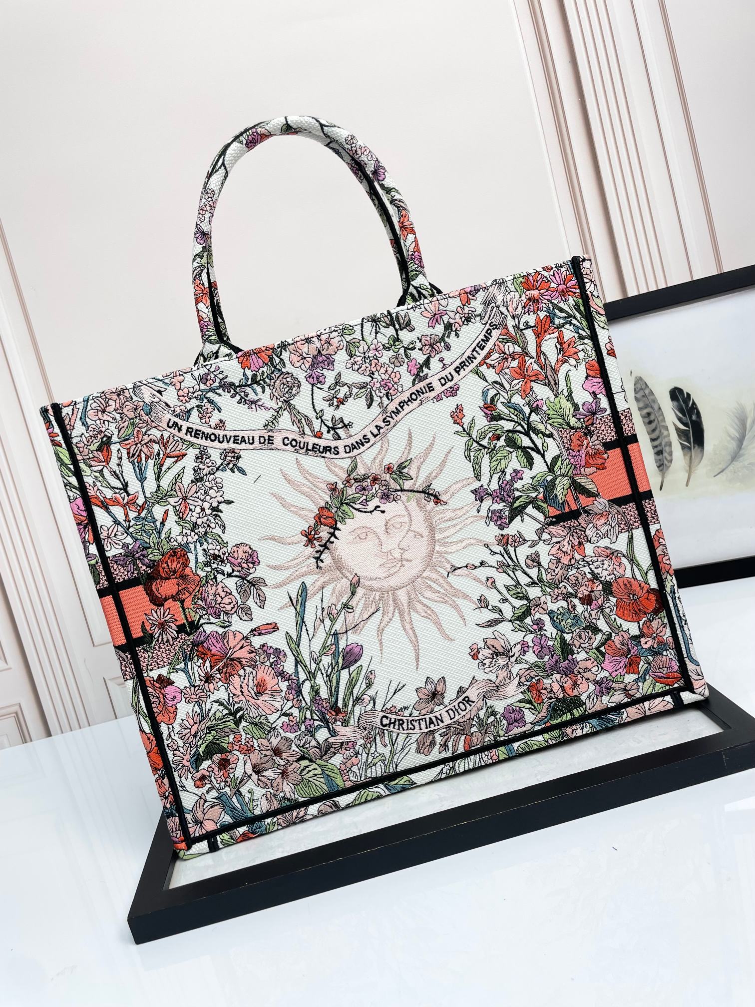 Dior Elegant Floral Embroidery Canvas Tote Bag Large Travel Handbag