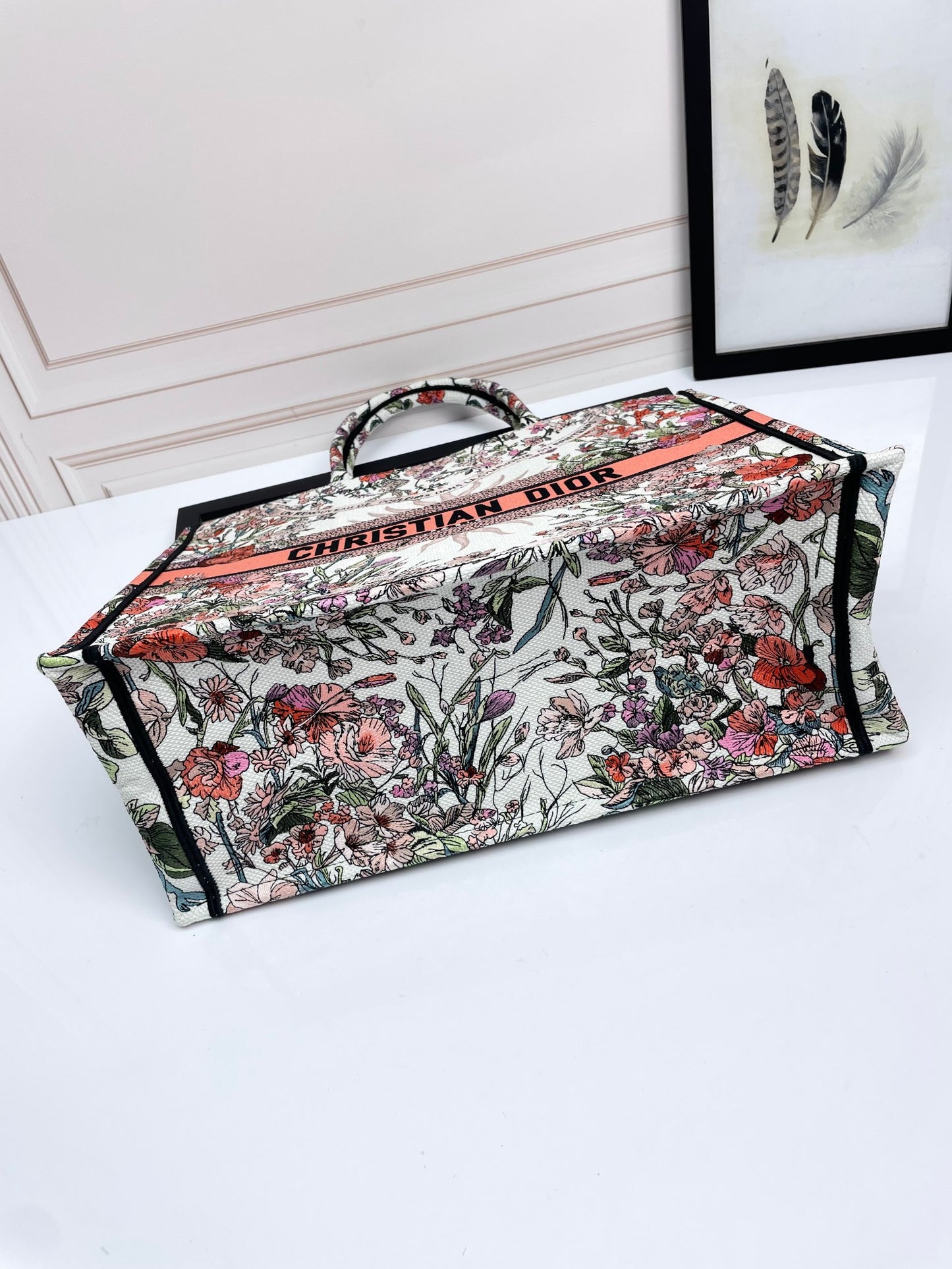 Dior Elegant Floral Embroidery Canvas Tote Bag Large Travel Handbag