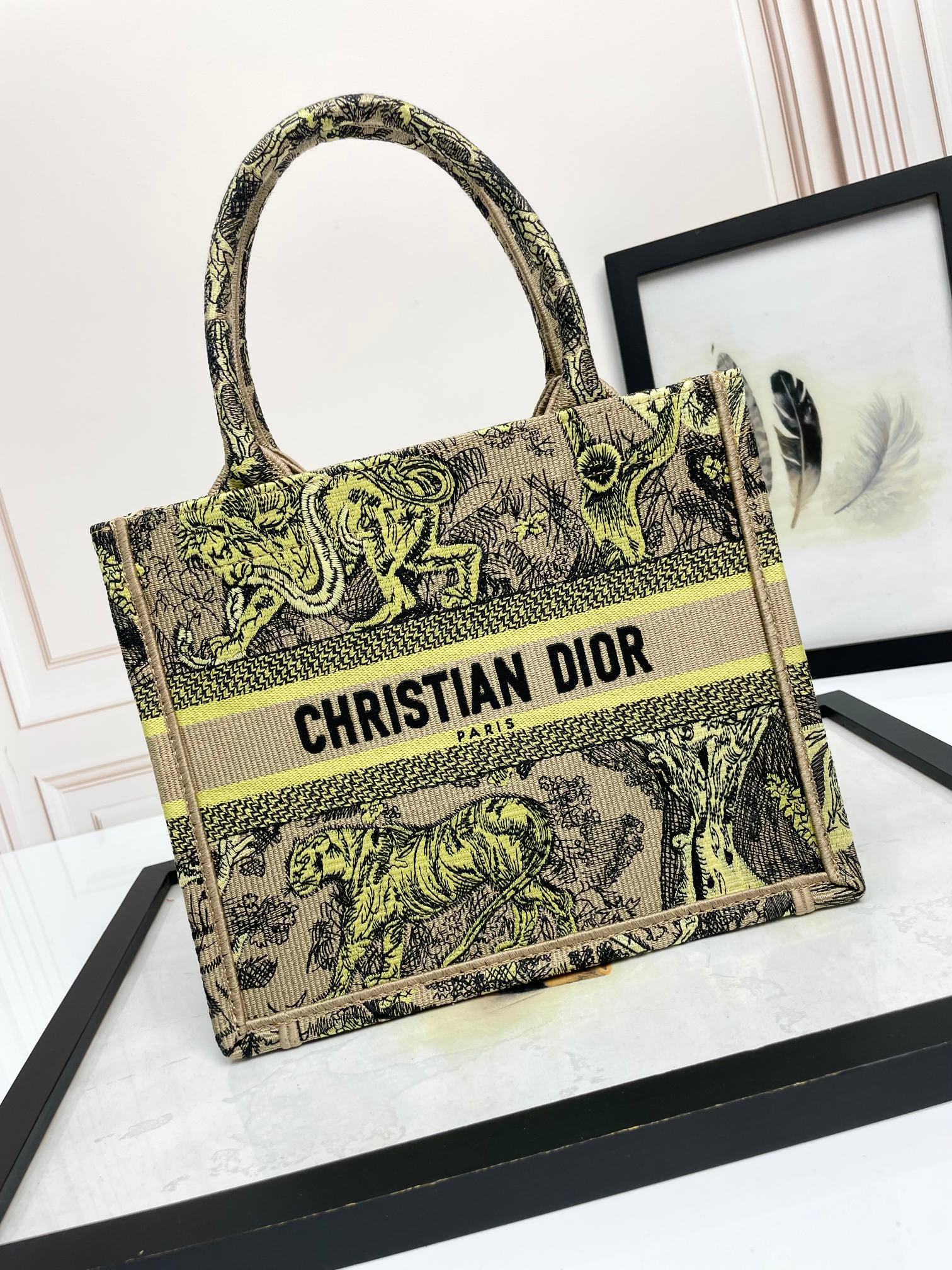 Dior Vintage Toile Animal Pattern Embroidered Canvas Tote Bag