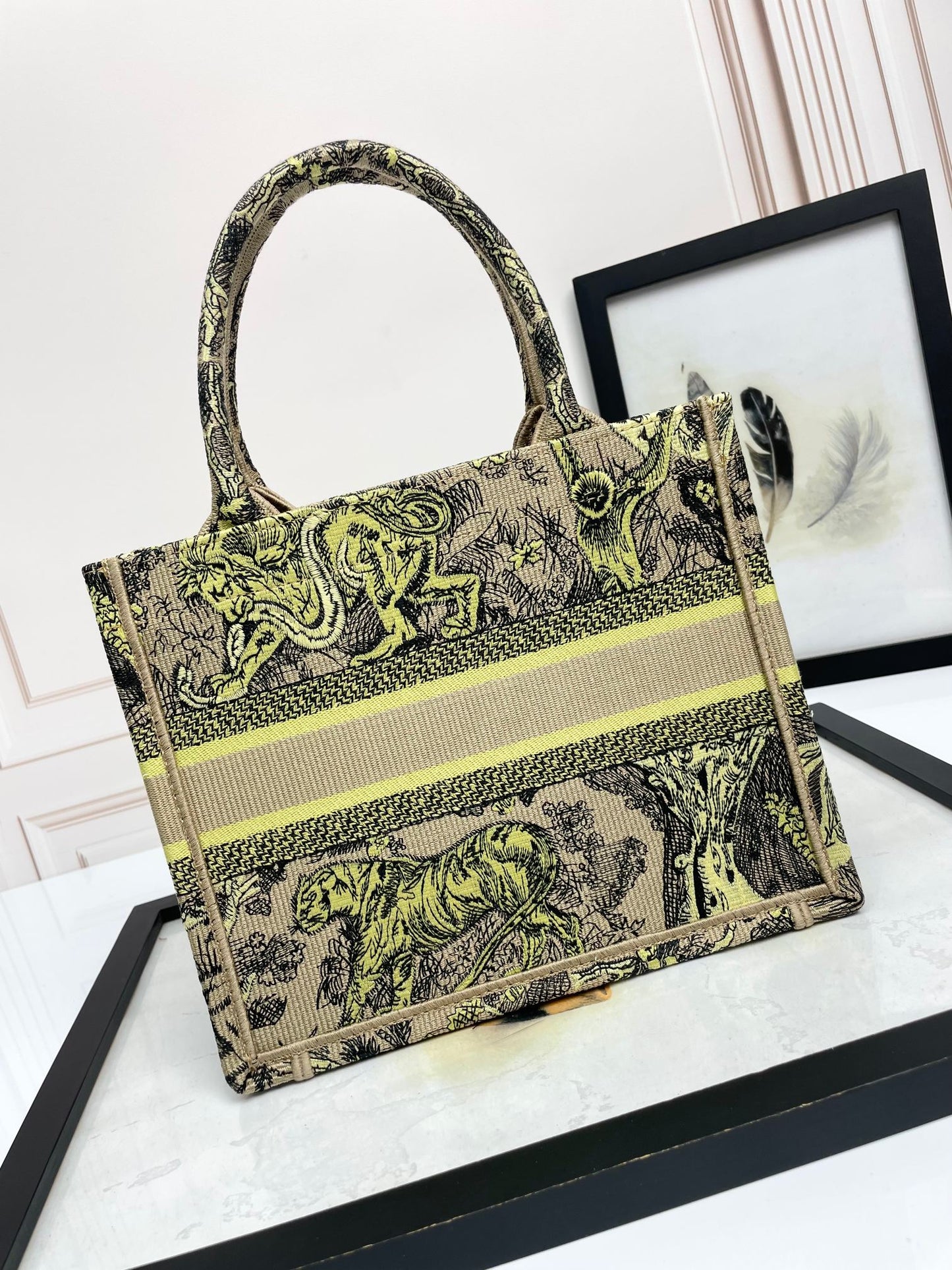 Christian Dior Medium Book Tote Yellow Multicolored Tiger Embroidered Canvas Bag