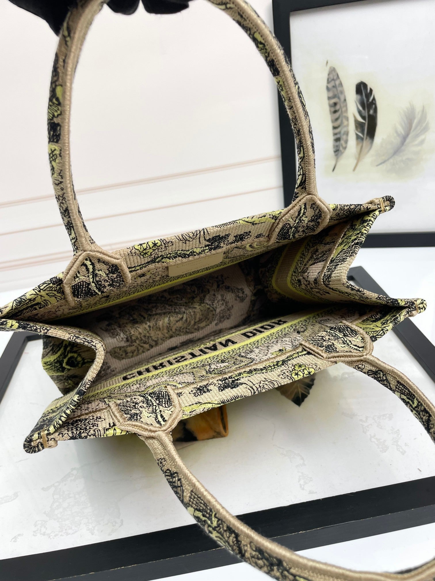 Christian Dior Book Tote Yellow and Beige Toile de Jouy Sauvage Embroidery