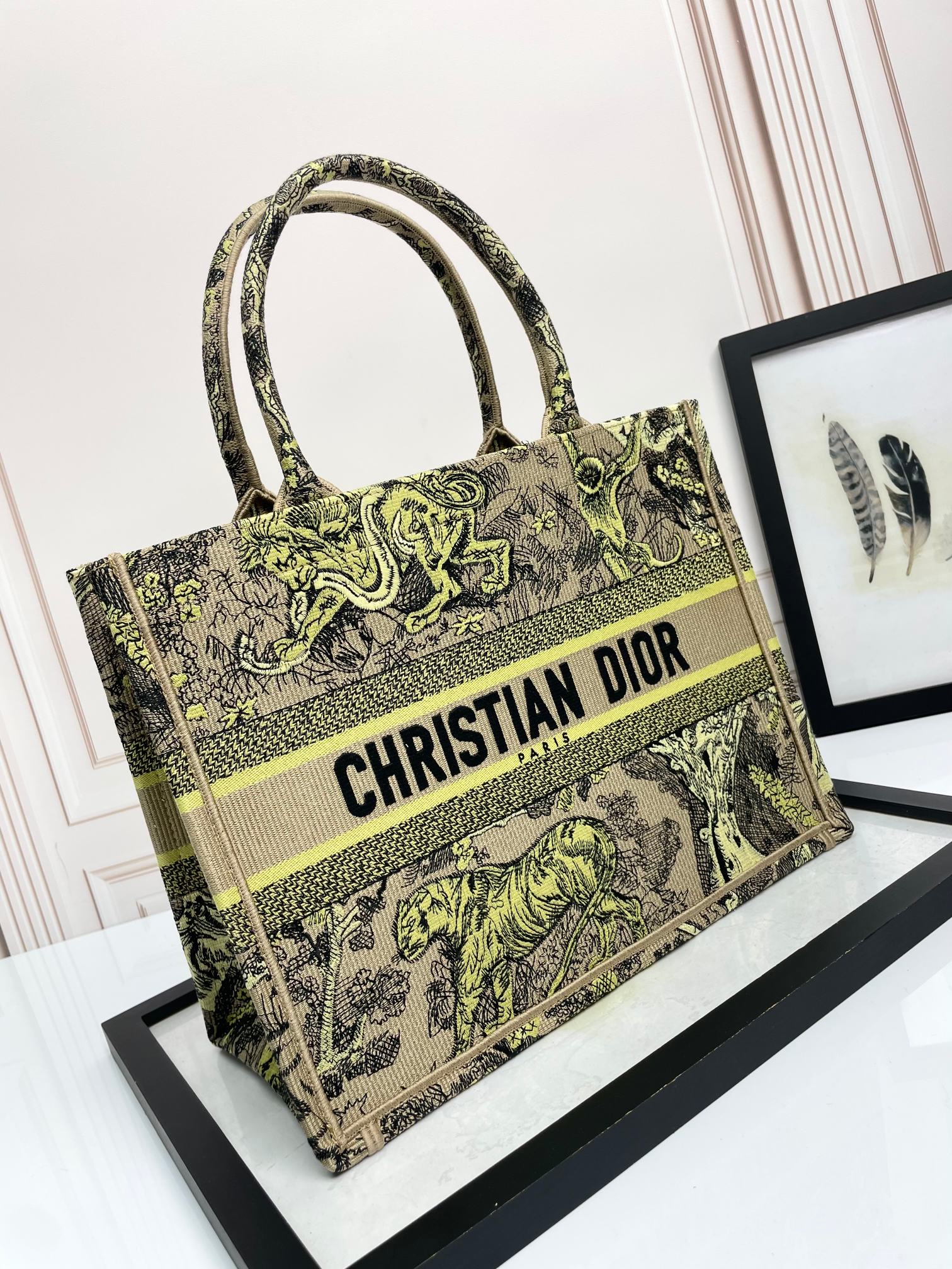 Dior Embroidered Jungle Animal Print Canvas Tote Bag with Top Handles