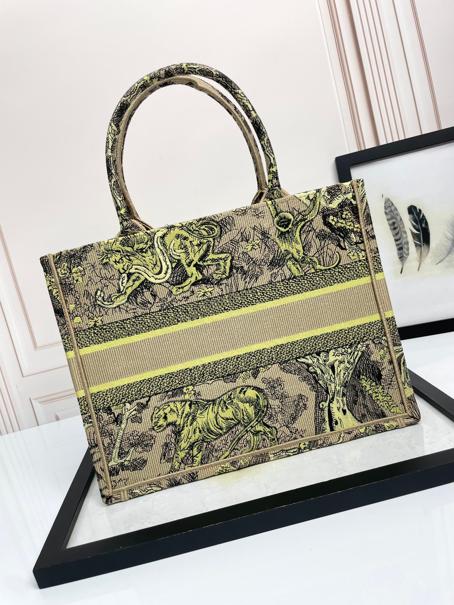 Dior Vintage Embroidered Tiger Print Canvas Tote Bag with Top Handles