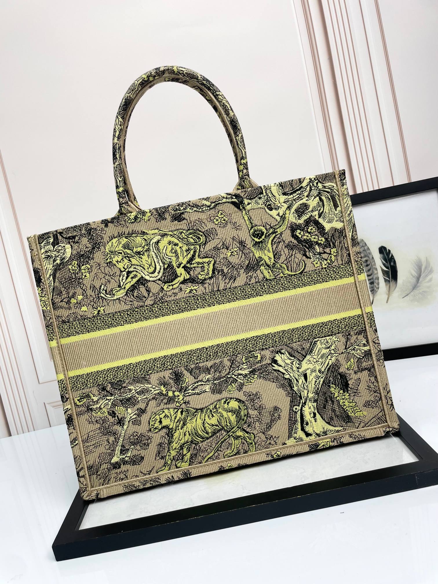 Dior Vintage Animal Embroidered Canvas Tote Bag Large Fashion Handbag
