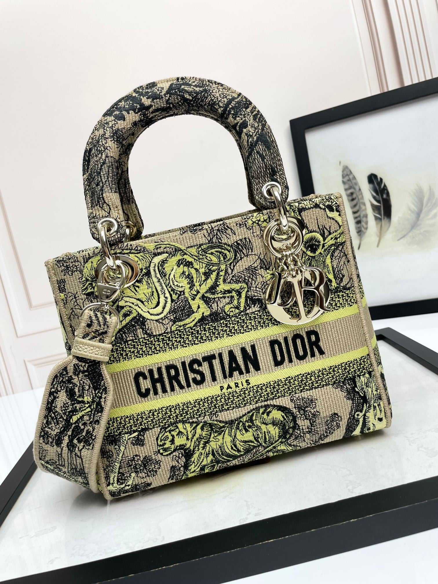 Dior Luxury Embroidered Canvas Top Handle Handbag with Animal Print
